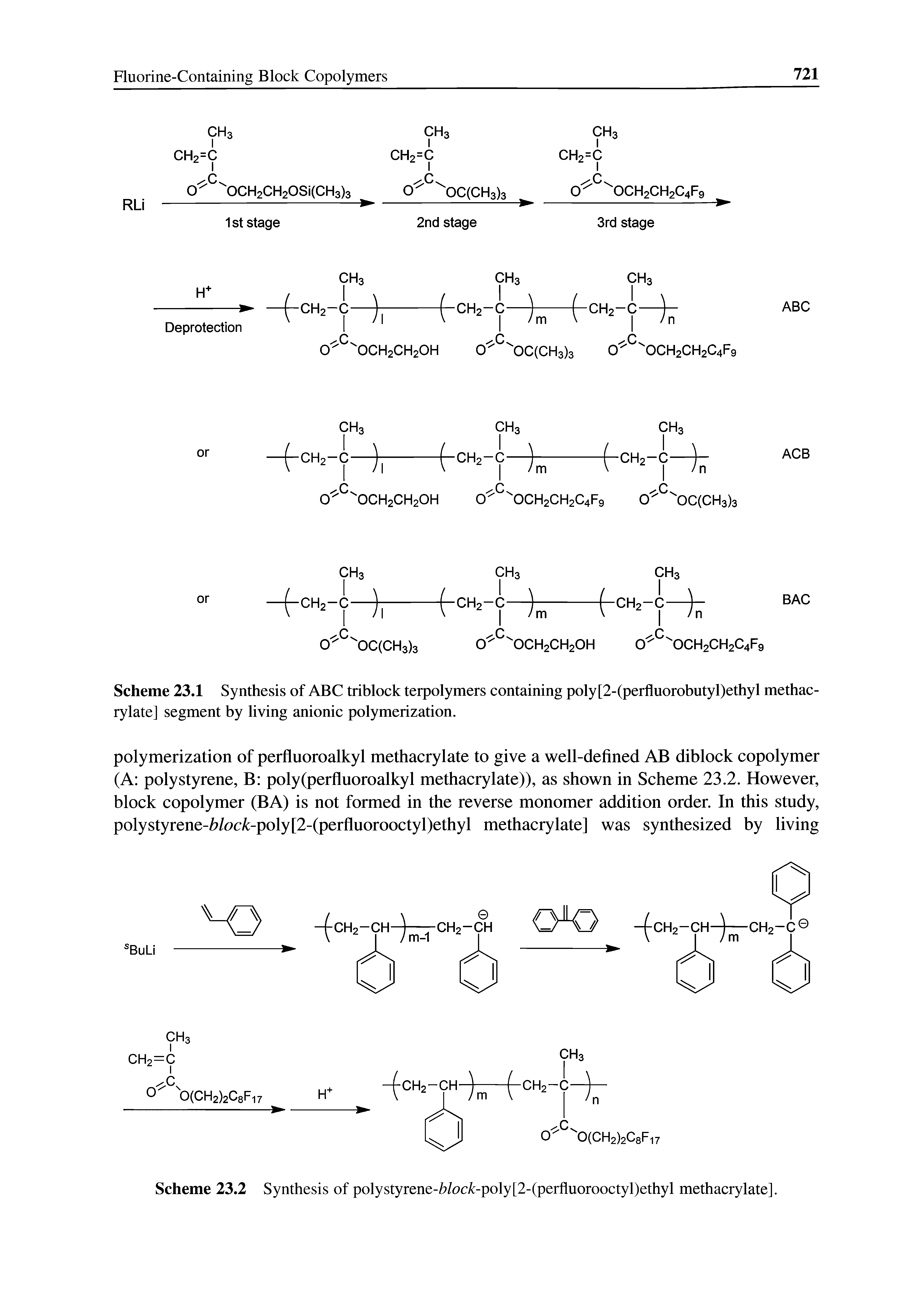 Scheme 23.1 Synthesis of ABC triblock terpolymers containing poly [2-(perfluorobutyl)ethyl methacrylate] segment by living anionic polymerization.
