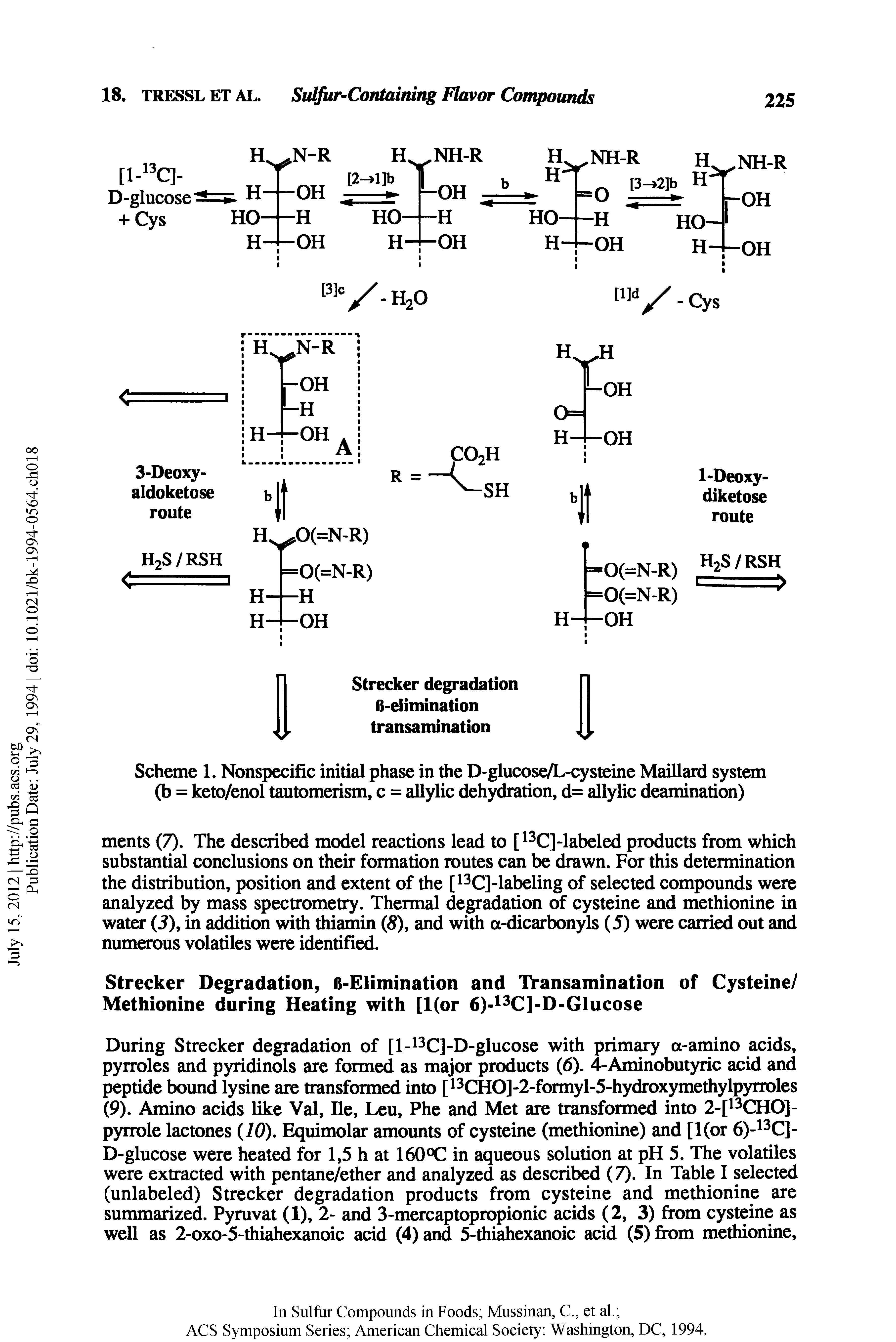 Scheme 1. Nonspecific initial phase in the D-glucose/L-cysteine Maillard system (b = keto/enol tautomerism, c = allylic dehydration, d= allylic deamination)...