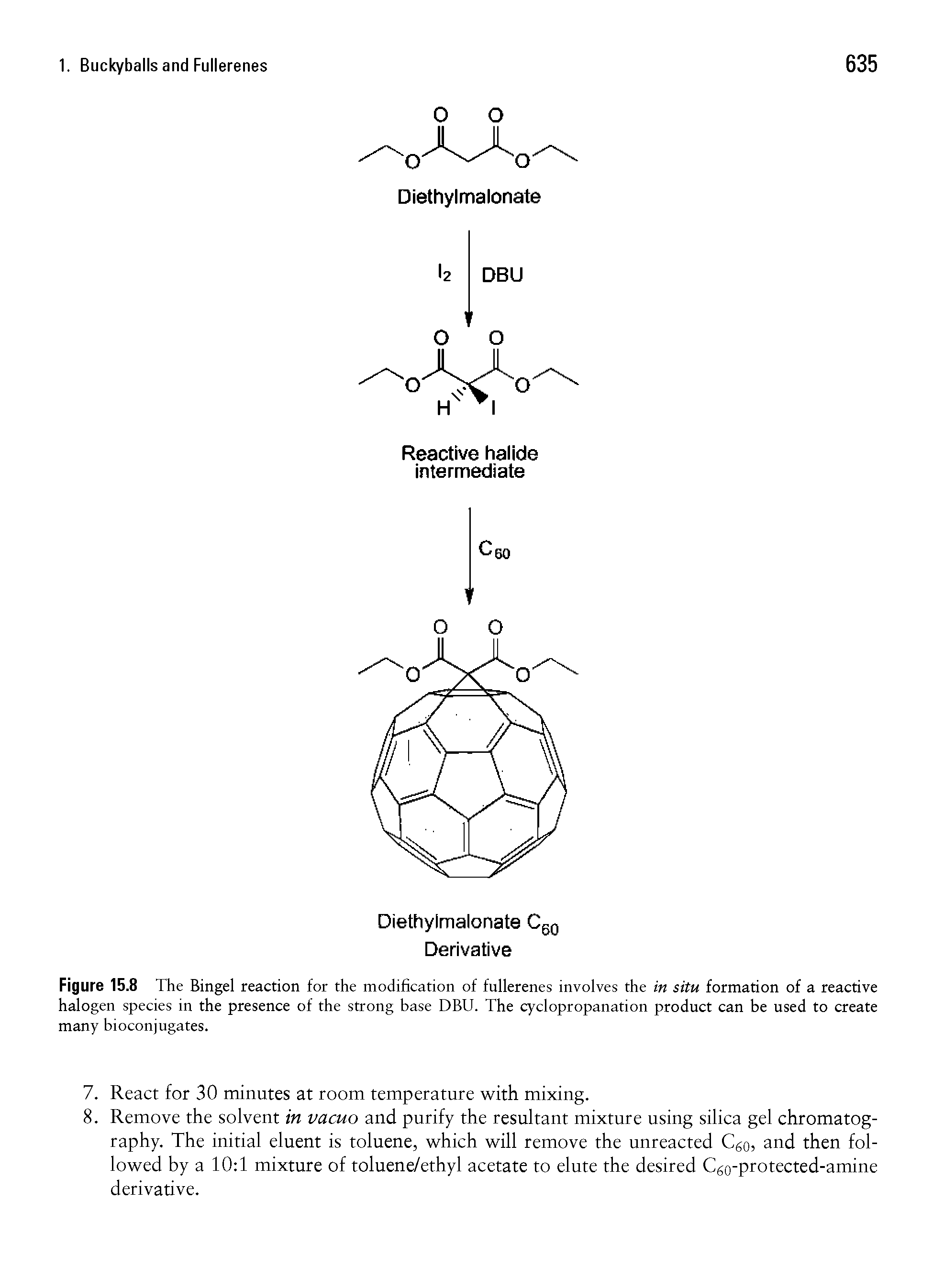 Figure 15.8 The Bingel reaction for the modification of fullerenes involves the in situ formation of a reactive halogen species in the presence of the strong base DBU. The cyclopropanation product can be used to create many bioconjugates.