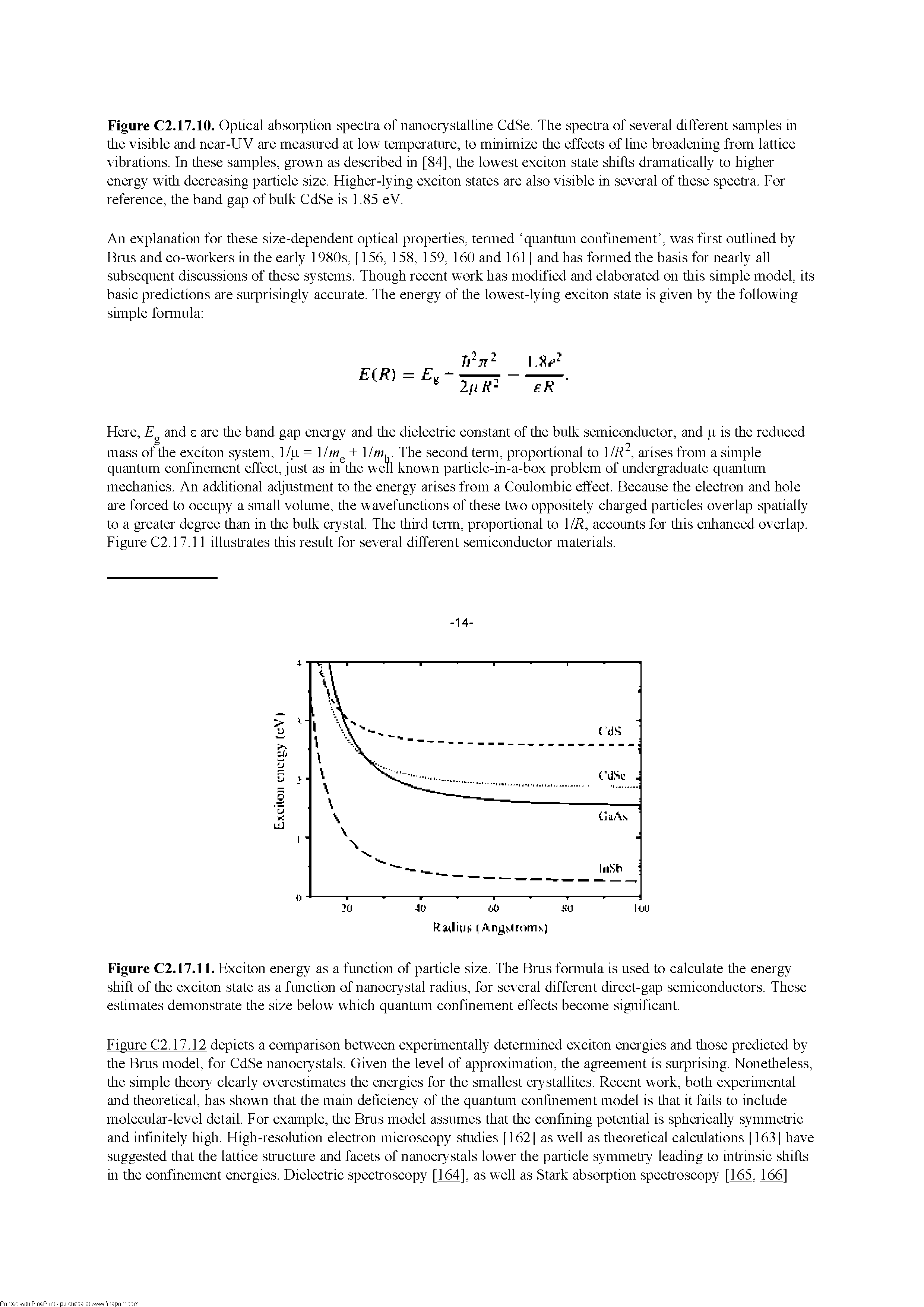 Figure C2.17.11. Exciton energy as a function of particle size. The Bms fonnula is used to calculate the energy shift of the exciton state as a function of nanocrystal radius, for several different direct-gap semiconductors. These estimates demonstrate the size below which quantum confinement effects become significant.