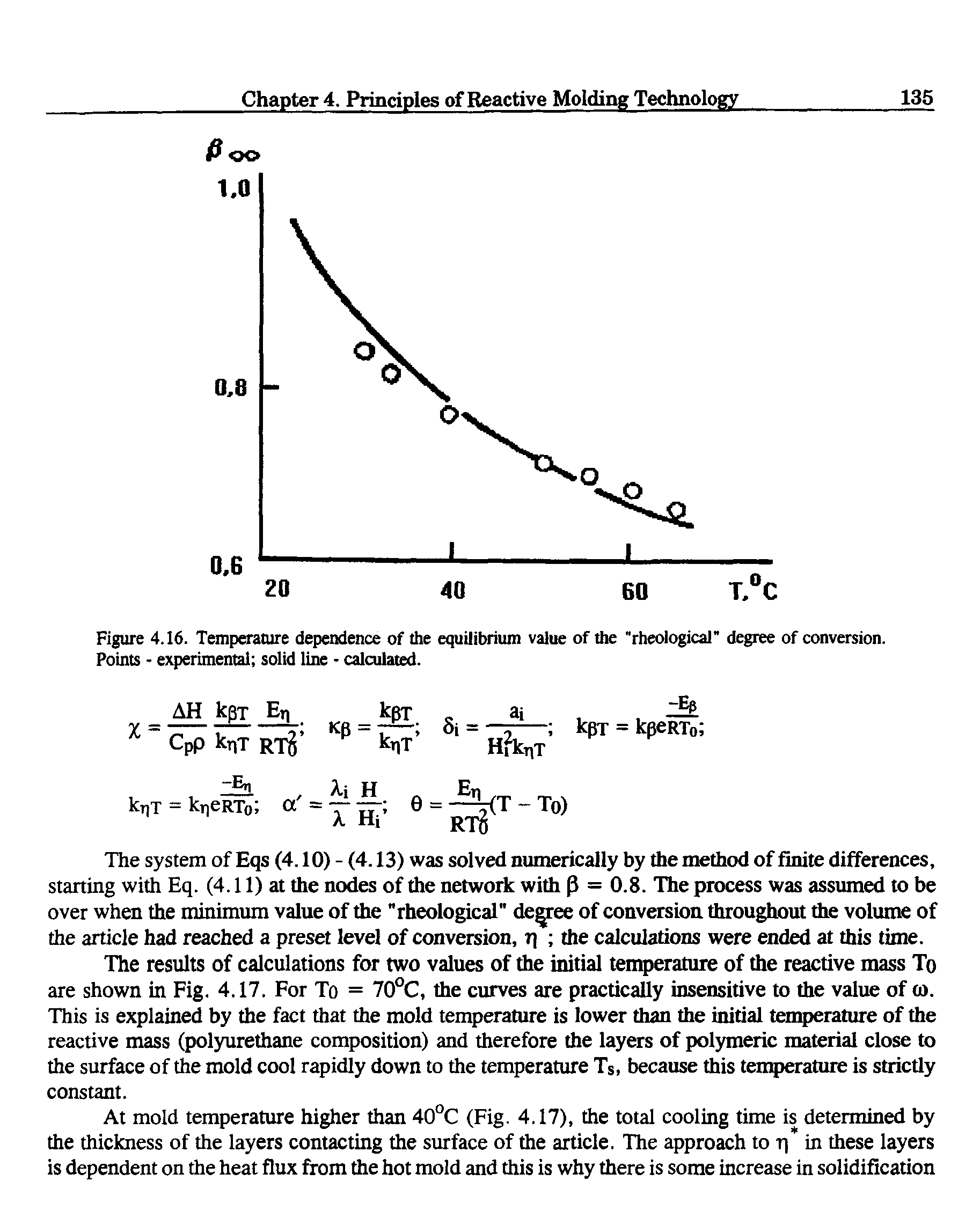 Figure 4.16. Temperature dependence of the equilibrium value of the "rheological" degree of conversion. Points - experimental solid line calculated.