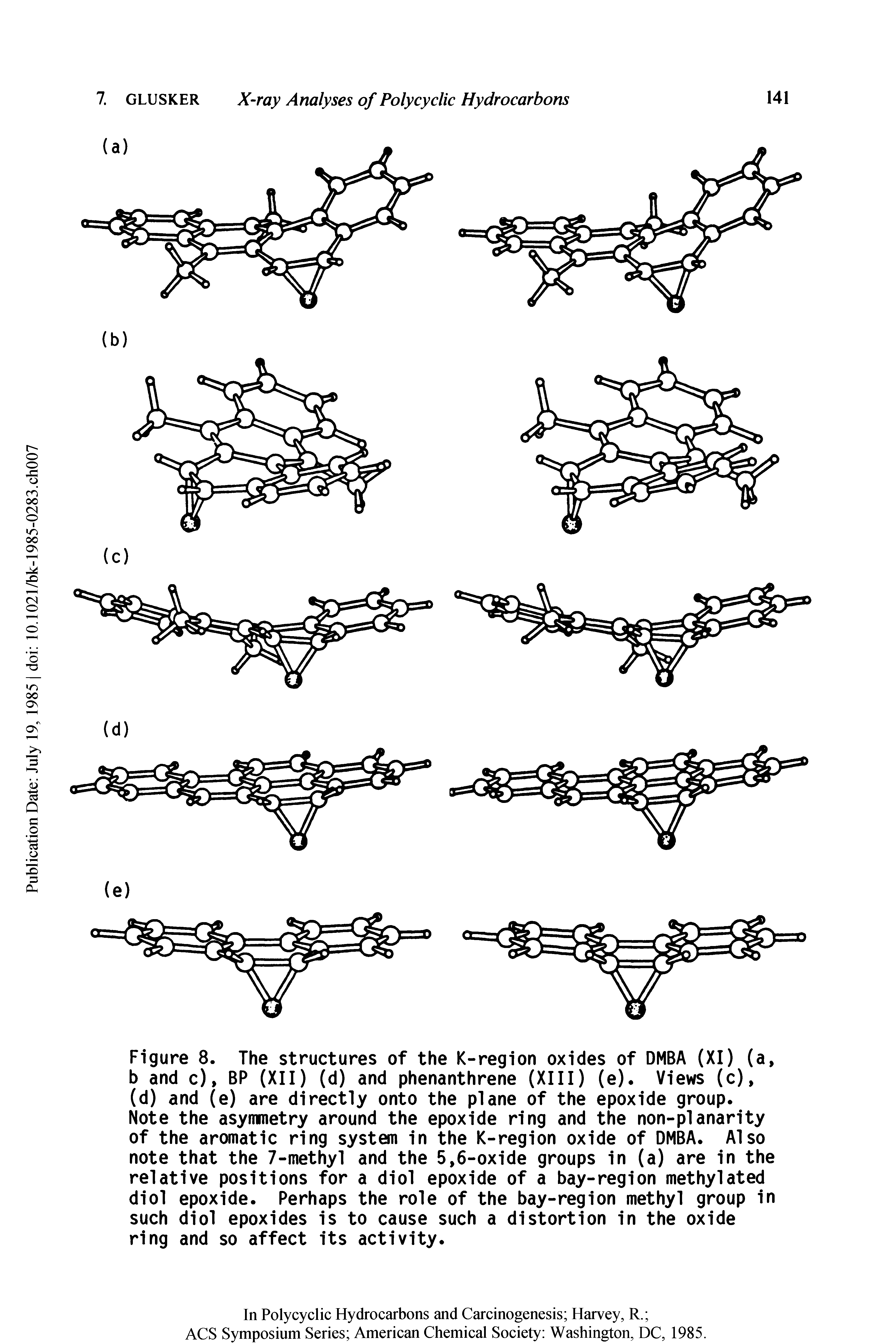 Figure 8. The structures of the K-region oxides of DMBA (XI) (a, b and c), BP (XII) (d) and phenanthrene (XIII) (e). Views (c), (d) and (e) are directly onto the plane of the epoxide group.