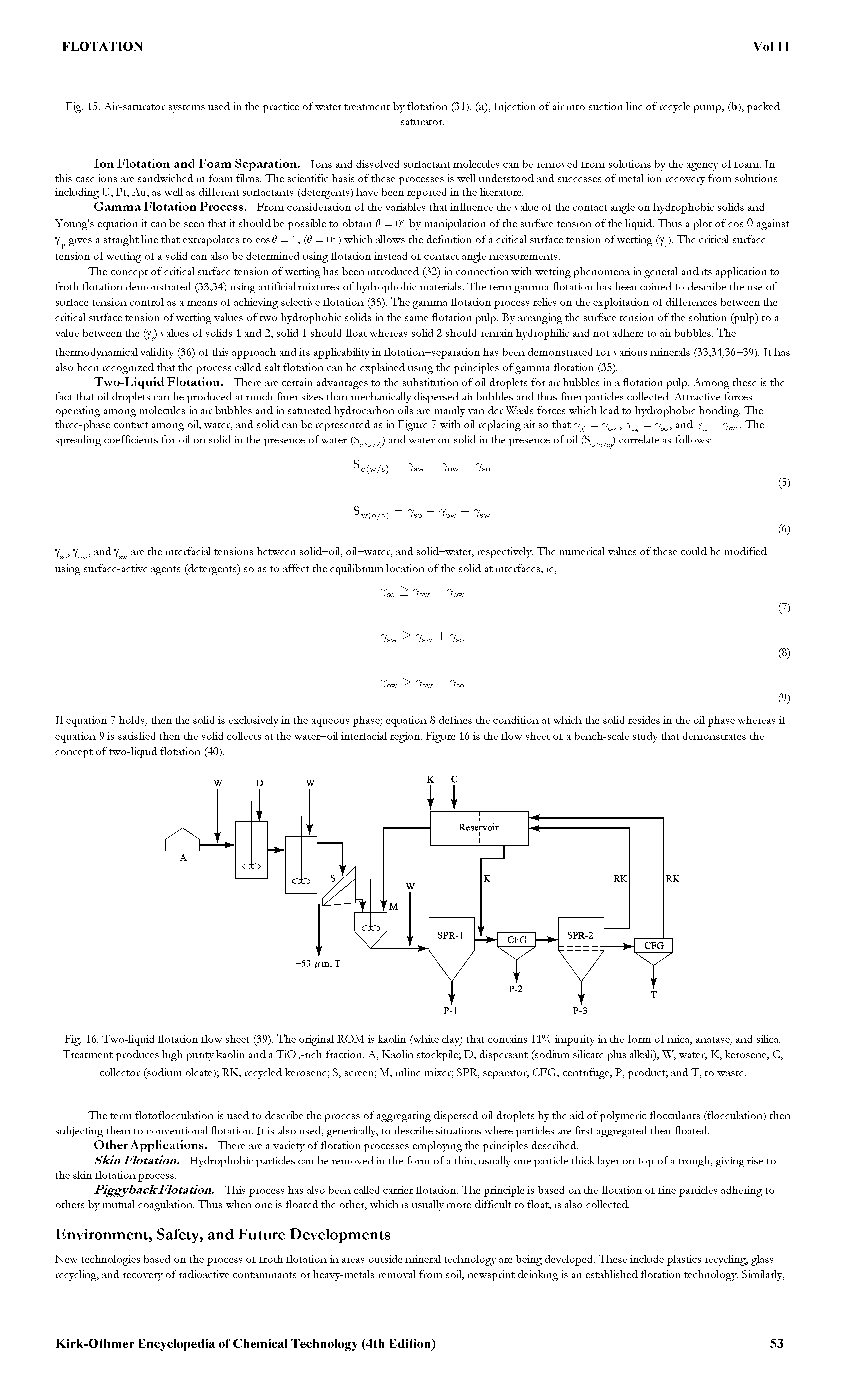 Fig. 16. Two-hquid flotation flow sheet (39). The original ROM is kaolin (white clay) that contains 11% impurity in the form of mica, anatase, and siUca. Treatment produces high purity kaolin and a Ti02-rich fraction. A, Kaolin stockpile D, dispersant (sodium siUcate plus alkah) W, water K, kerosene C, collector (sodium oleate) RK, recycled kerosene S, screen M, inline mixer SPR, separator CFG, centrifuge P, product and T, to waste.