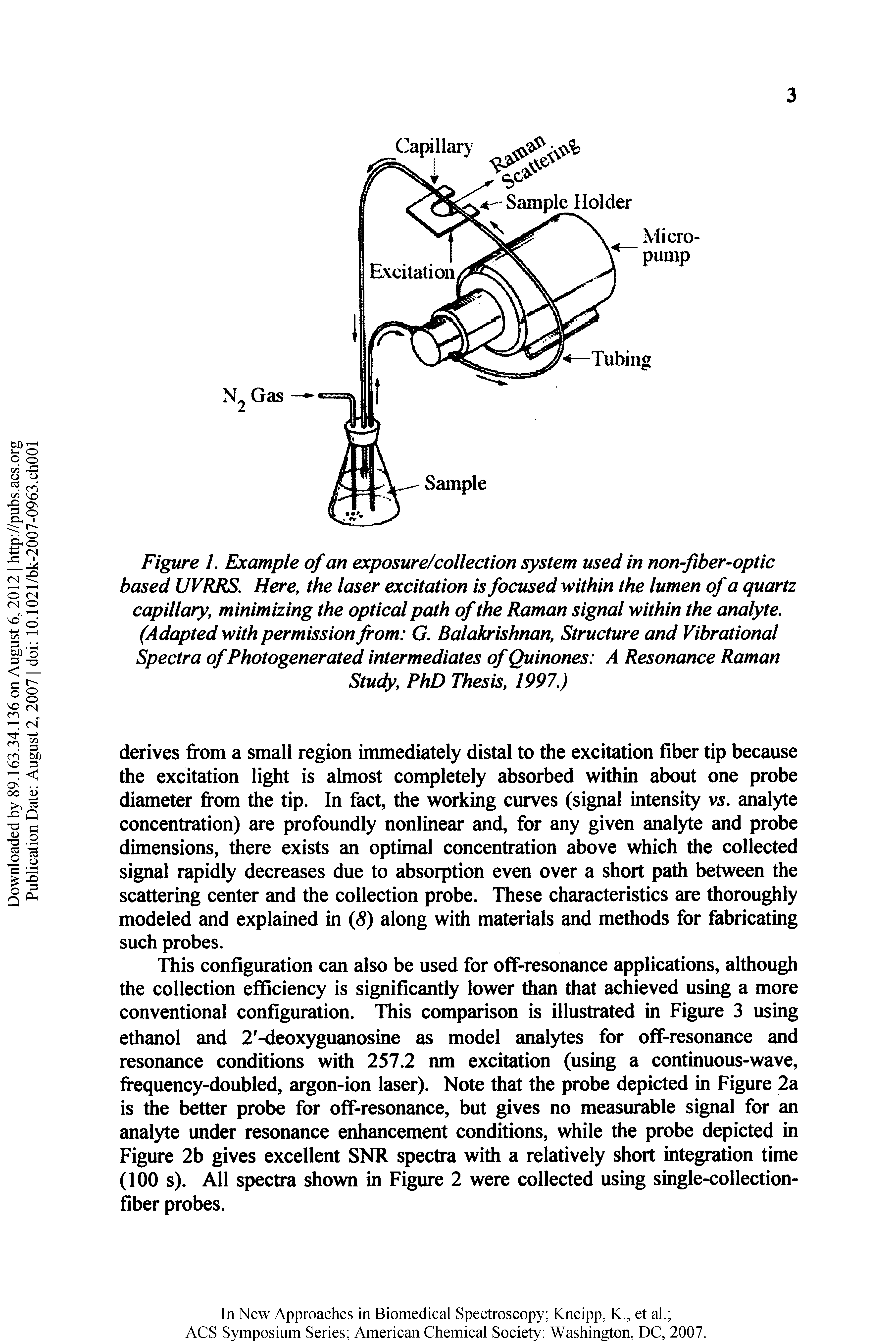 Figure 1. Example of an exposure/collection system used in non-fiber-optic based UVRRS. Here, the laser excitation is focused within the lumen of a quartz capillary, minimizing the optical path of the Raman signal within the analyte. (Adapted with permission from G. Balakrishnan, Structure and Vibrational Spectra of Photogenerated intermediates of Quinones A Resonance Raman Study, PhD Thesis, 1997.)...