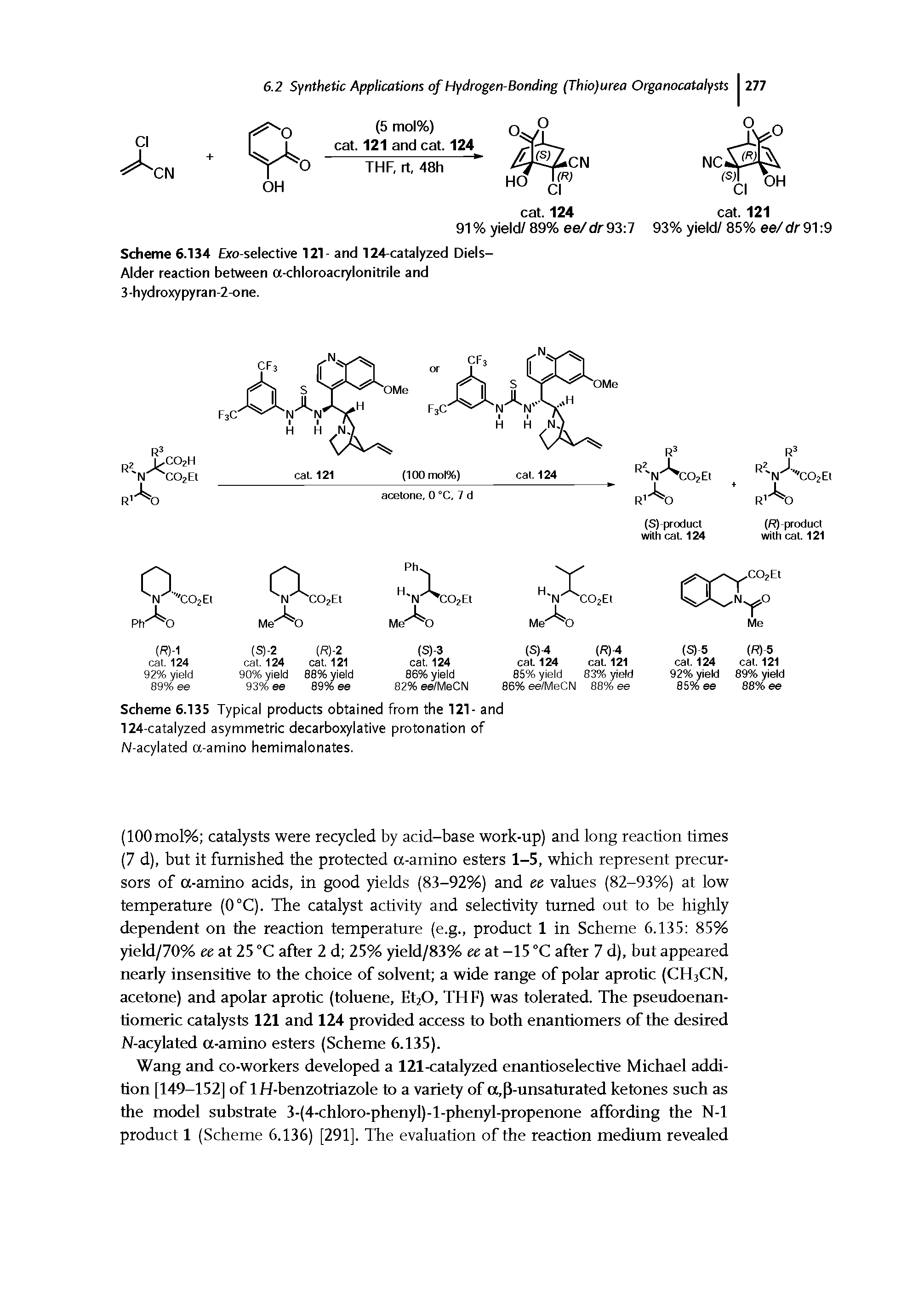 Scheme 6.135 Typical products obtained from the 121- and 124-catalyzed asymmetric decarboxylative protonation of N-acylated a-amino hemimalonates.