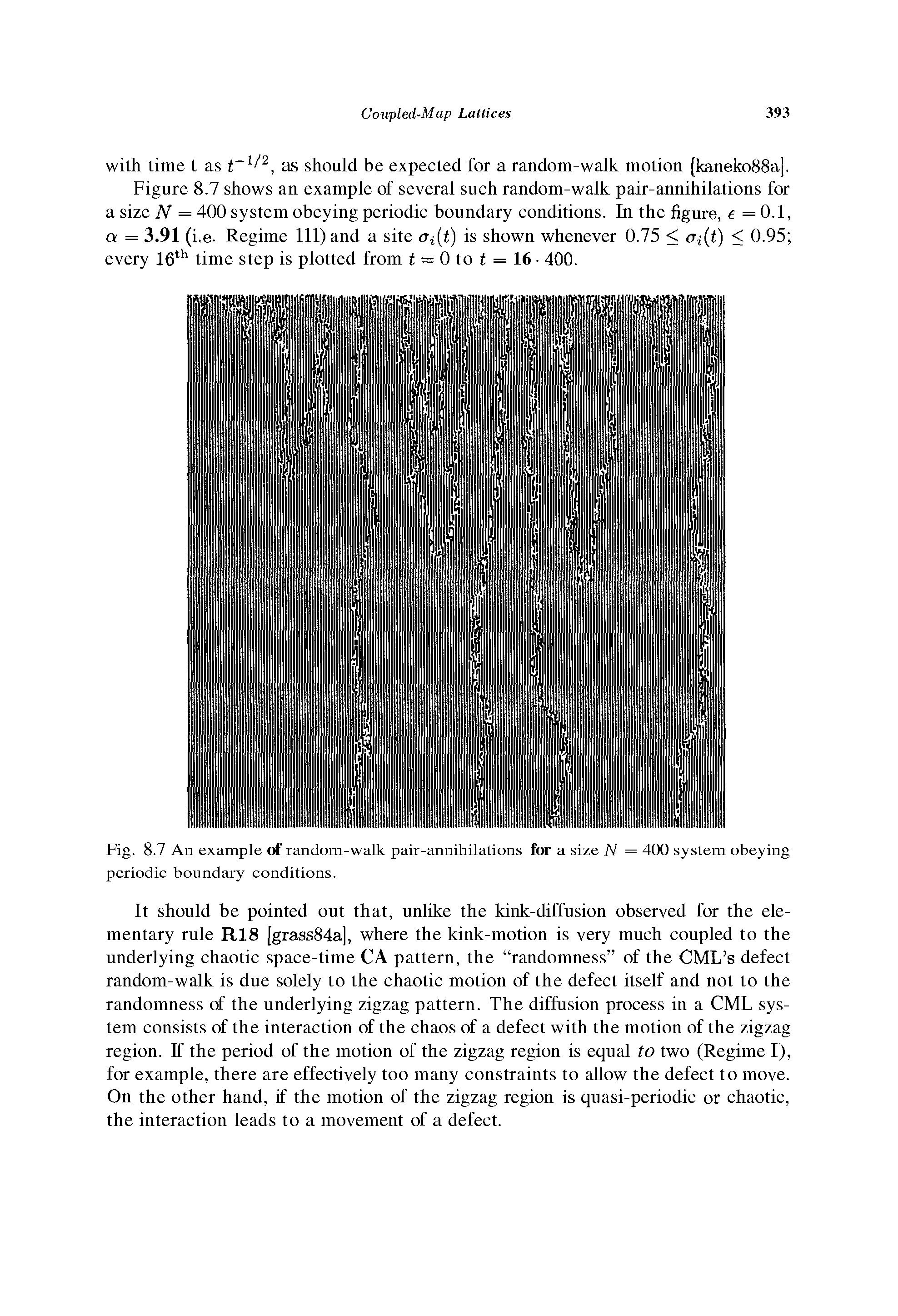 Fig. 8.7 An example of random-walk pair-annihilations for a size N = 400 system obeying periodic boundary conditions.