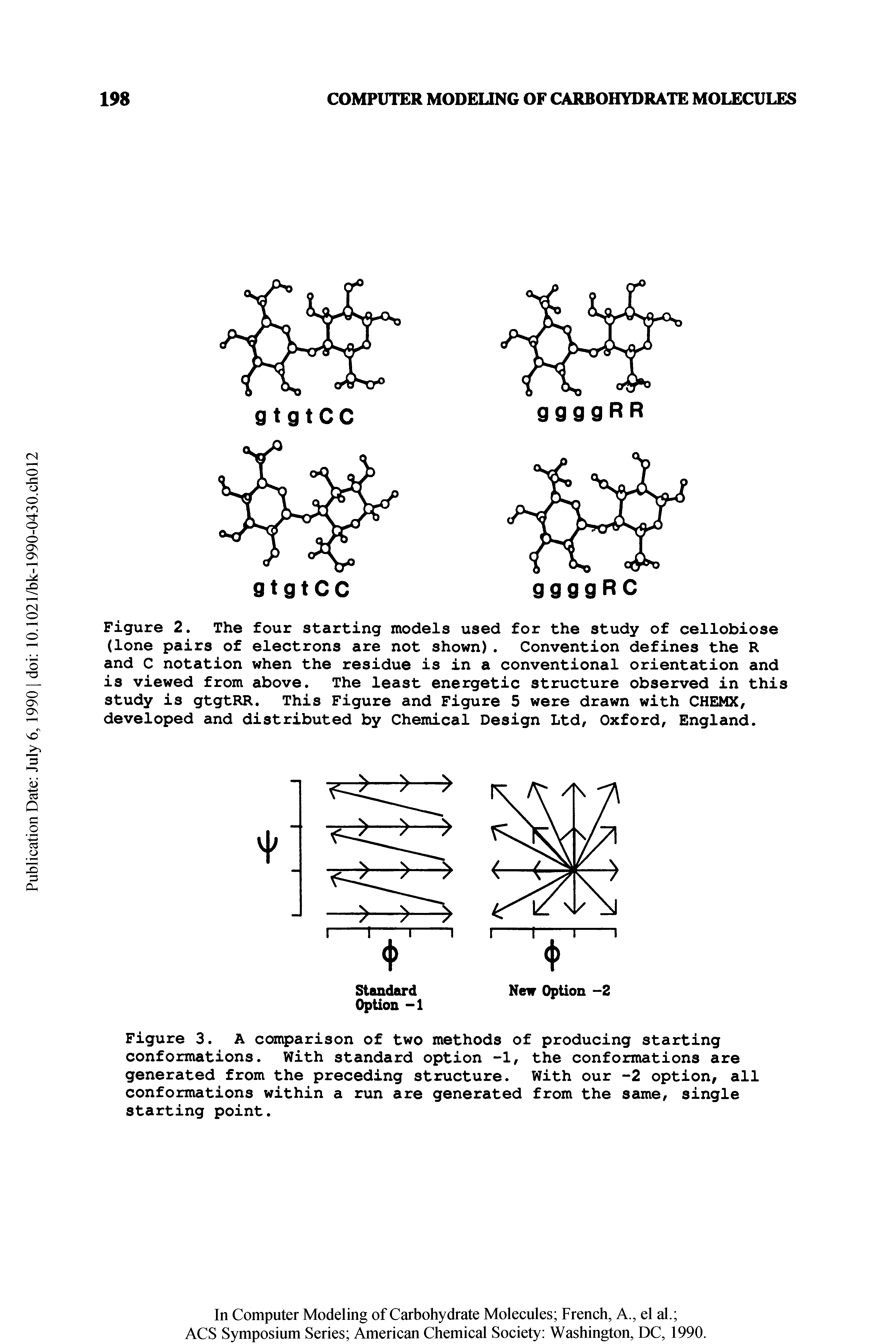 Figure 2. The four starting models used for the study of cellobiose (lone pairs of electrons are not shown). Convention defines the R and C notation when the residue is in a conventional orientation and is viewed from above. The least energetic structure observed in this study is gtgtRR. This Figure and Figure 5 were drawn with CHEMX, developed and distributed by Chemical Design Ltd, Oxford, England.