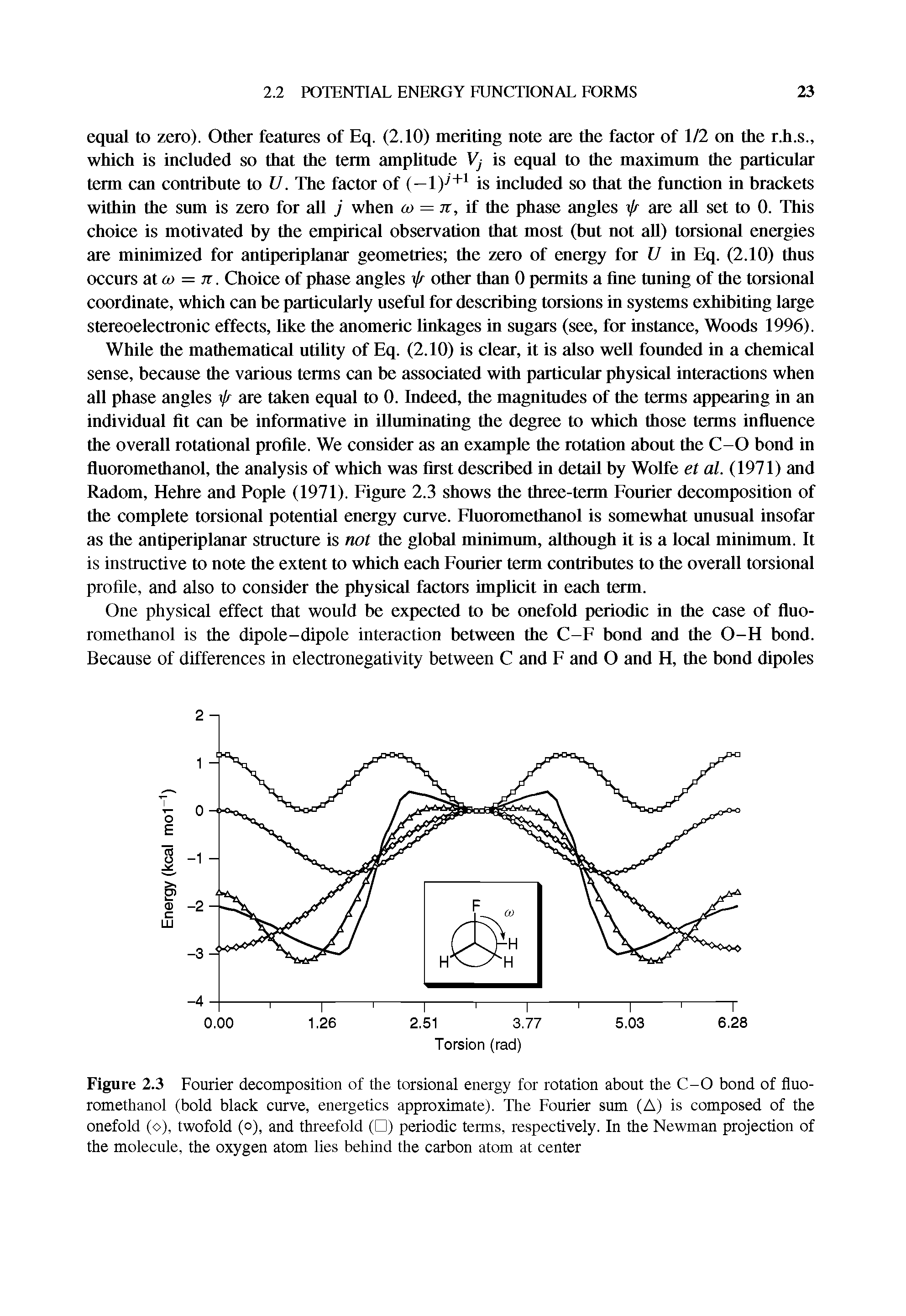 Figure 2.3 Fourier decomposition of the torsional energy for rotation about the C-O bond of fluoromethanol (bold black curve, energetics approximate). The Fourier sum (A) is composed of the onefold (o), twofold (o), and threefold ( ) periodic terms, respectively. In the Newman projection of the molecule, the oxygen atom lies behind the carbon atom al center...