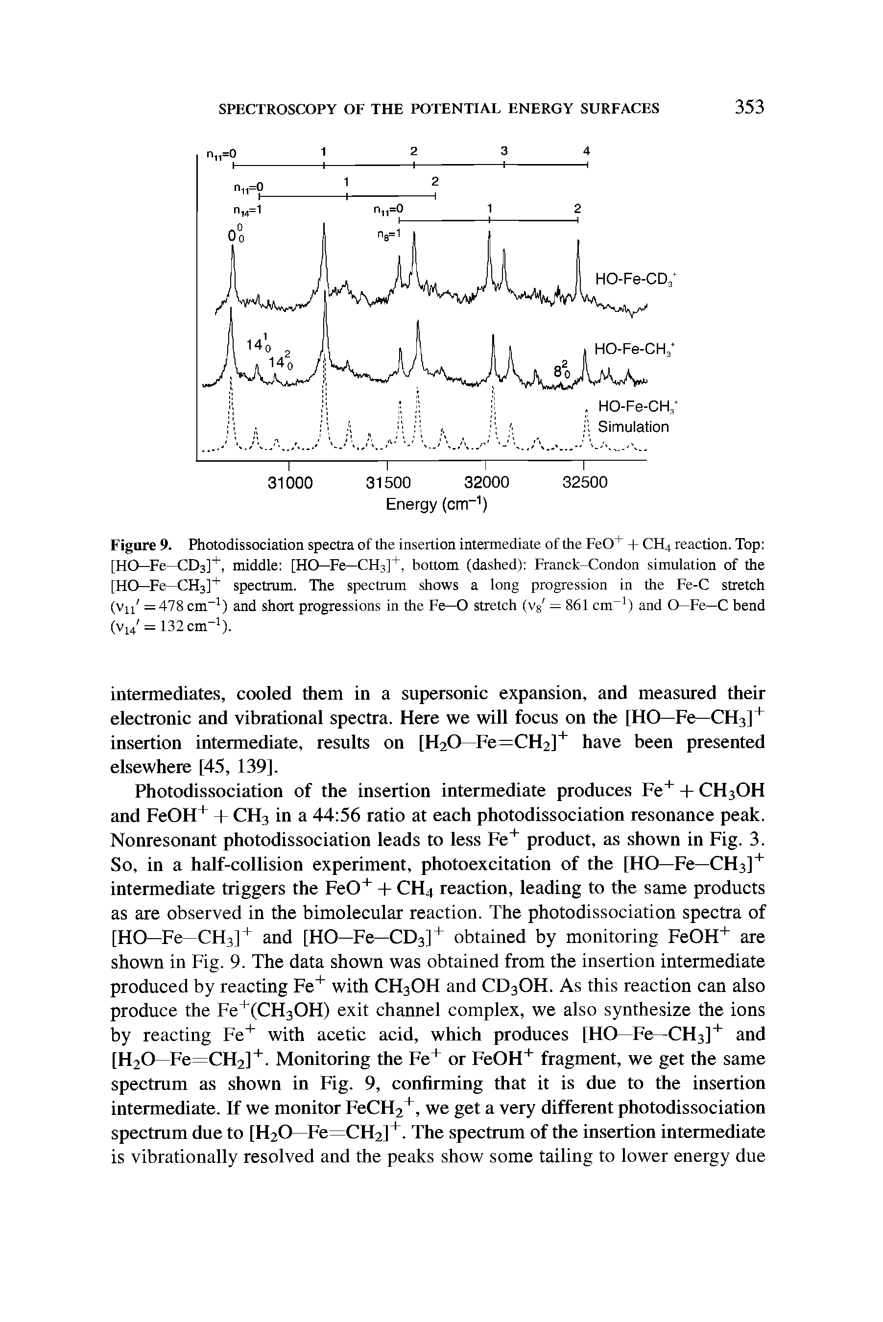 Figure 9. Photodissociation spectra of the insertion intermediate of the FeO + CH4 reaction. Top [HO—Fe—CDs], middle [HO—Fe—CHs], bottom (dashed) Franck-Condon simulation of the [HO—Fe—CHs] spectrum. The spectrum shows a long progression in the Fe-C stretch (Vii = 478 cm ) and short progressions in the Fe—O stretch (vg = 861 cm ) and O—Fe—C bend (V14 = 132 cm ).