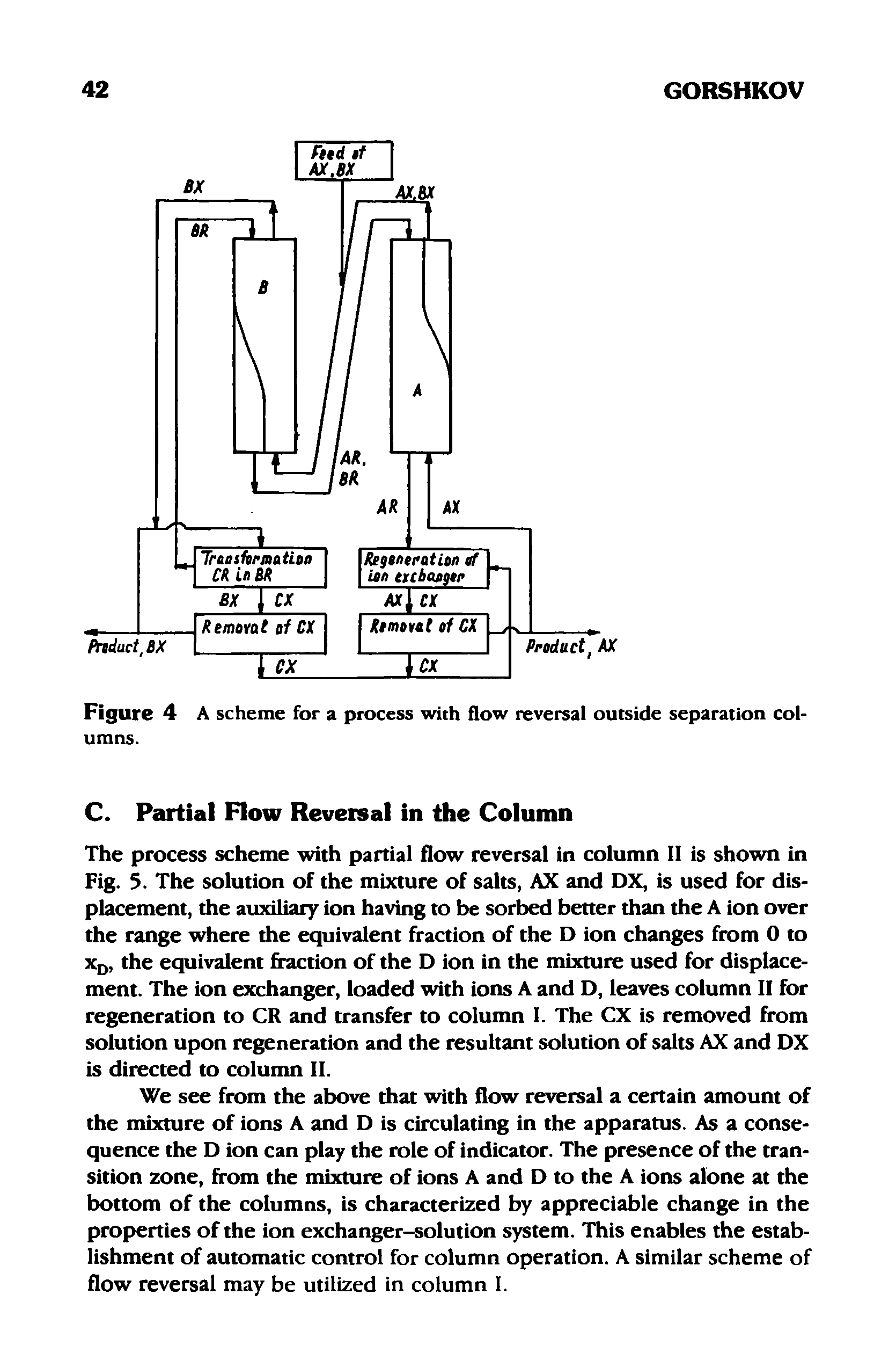 Figure 4 A scheme for a process with flow reversal outside separation columns.