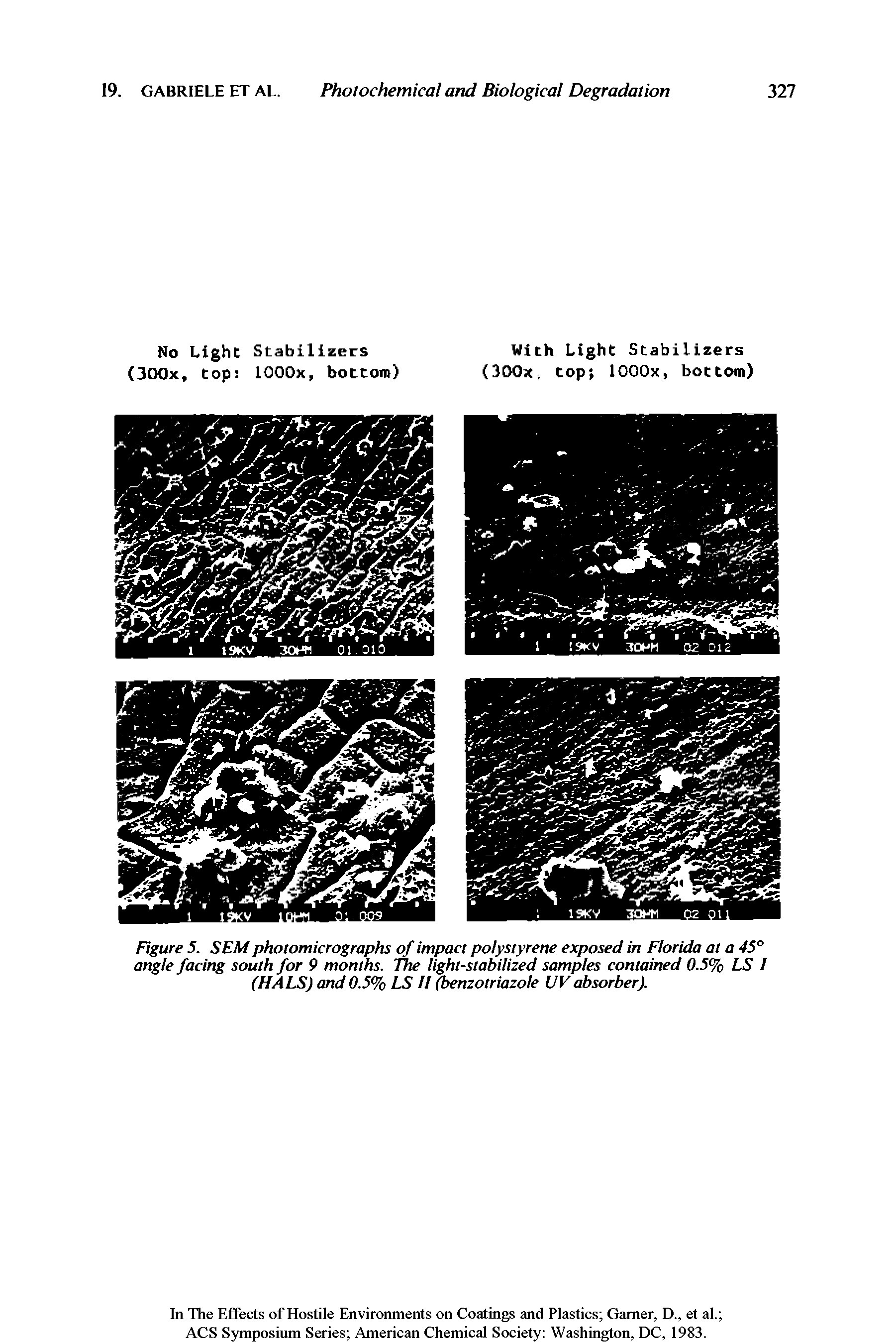 Figure 5. SEM photomicrographs of impact polystyrene exposed in Florida at a 45° angle facing south for 9 months. The light-stabilized samples contained 0.5% LS / (HALS) and 0.5% LS H enzotriazole UV absorber).