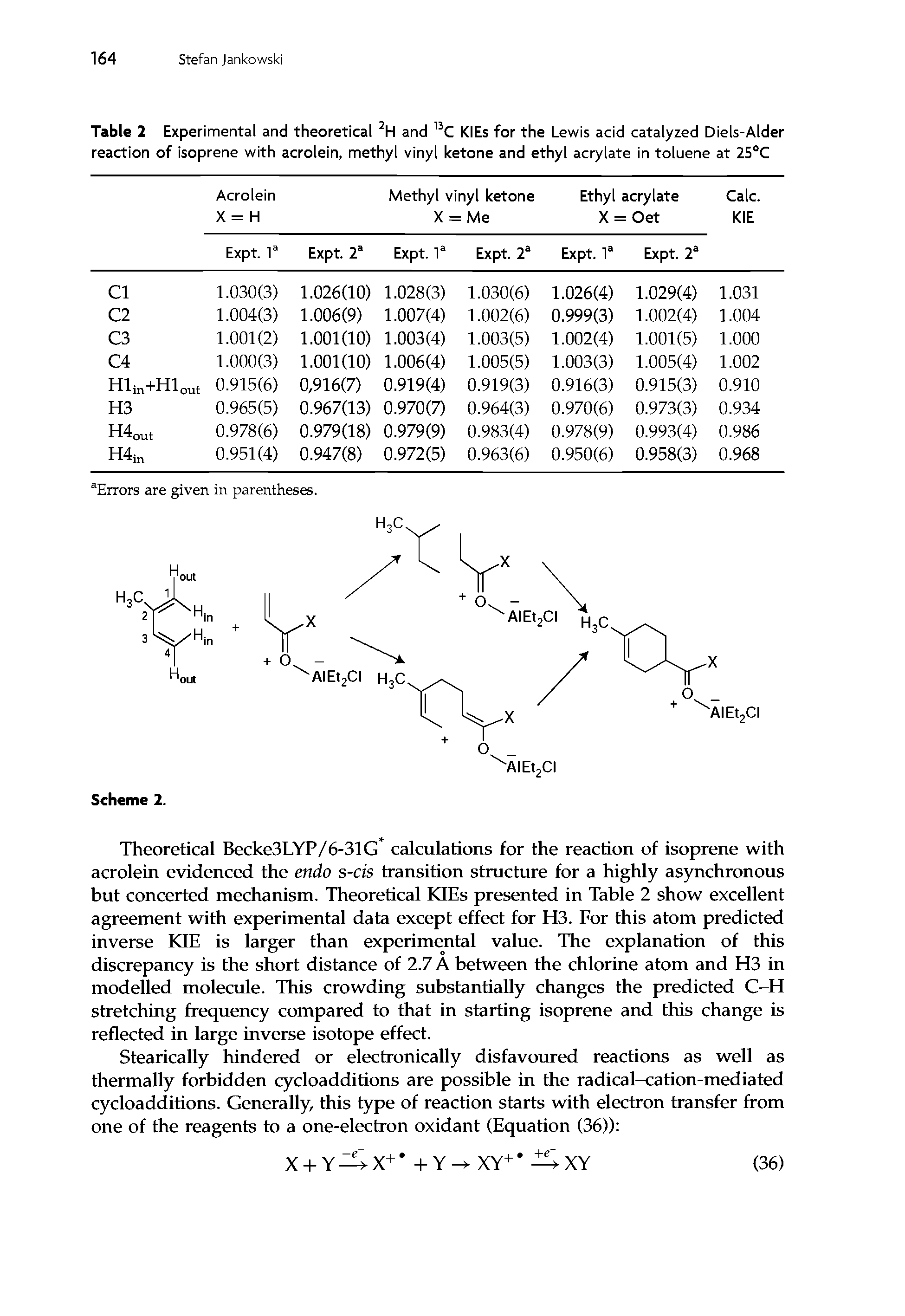 Table 2 Experimental and theoretical 2H and 13C KIEs for the Lewis acid catalyzed Diels-Alder reaction of isoprene with acrolein, methyl vinyl ketone and ethyl acrylate in toluene at 25°C...