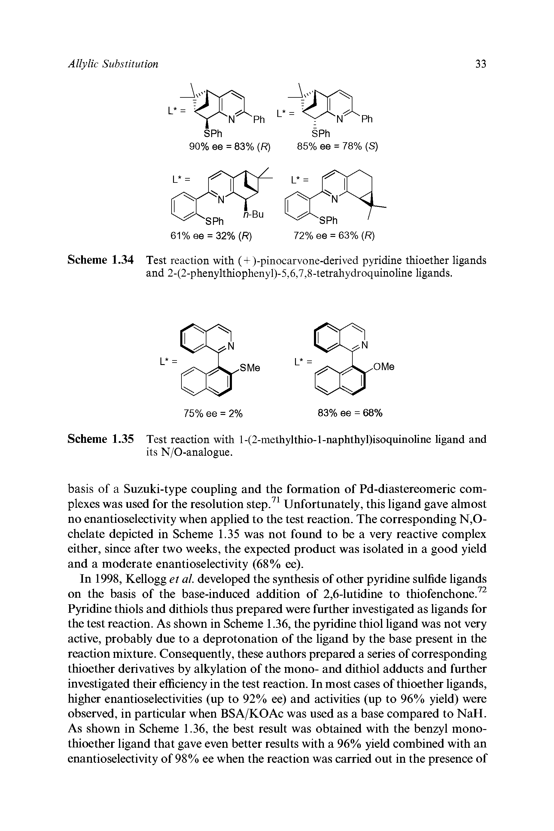Scheme 1.34 Test reaction with (+ )-pinocarvone-derived pyridine thioether ligands and 2-(2-phenylthiophenyl)-5,6,7,8-tetrahydroquinoline ligands.