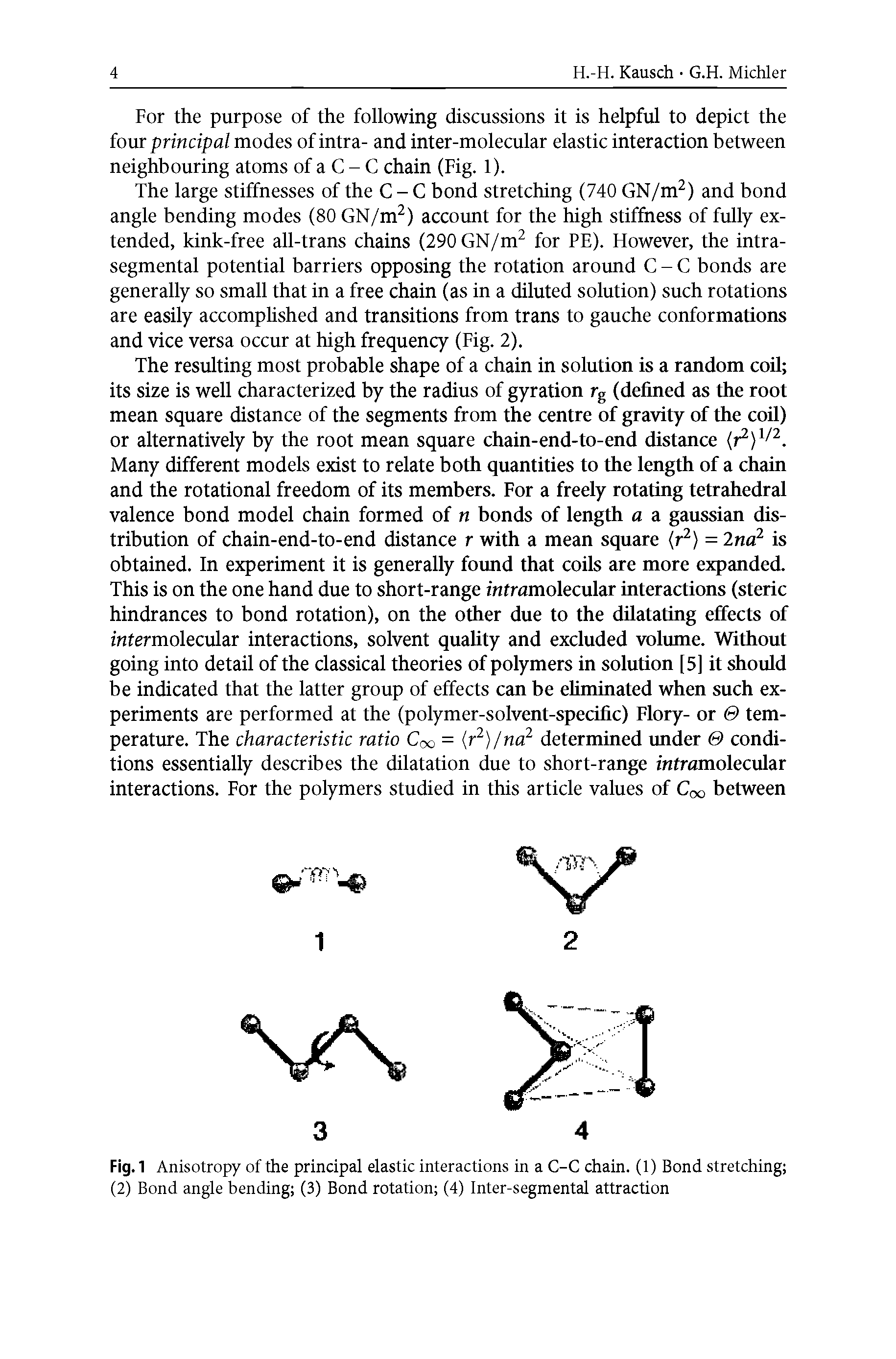 Fig. 1 Anisotropy of the principal elastic interactions in a C-C chain. (1) Bond stretching (2) Bond angle bending (3) Bond rotation (4) Inter-segmental attraction...