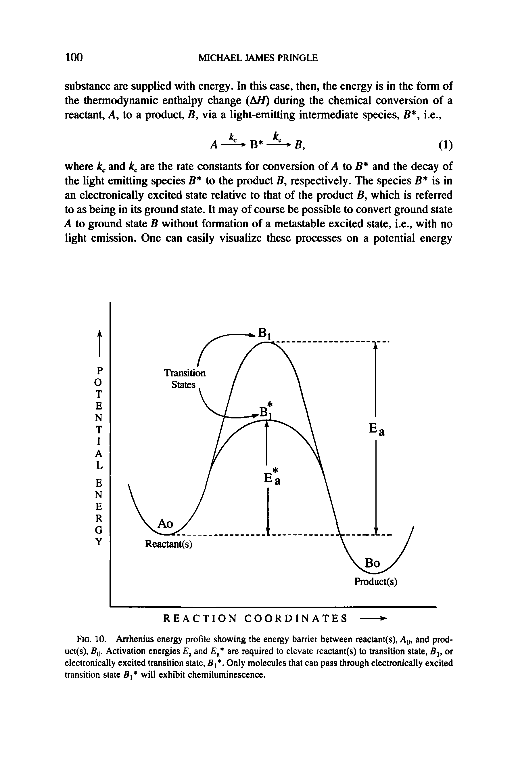 Fig. 10. Arrhenius energy profile showing the energy barrier between reactant(s), Ag, and prod-uct(s), By. Activation energies and E are required to elevate reactant(s) to transition state, Bj, or electronically excited transition state, Bj. Only molecules that can pass through electronically excited transition state Bj will exhibit chemiluminescence.