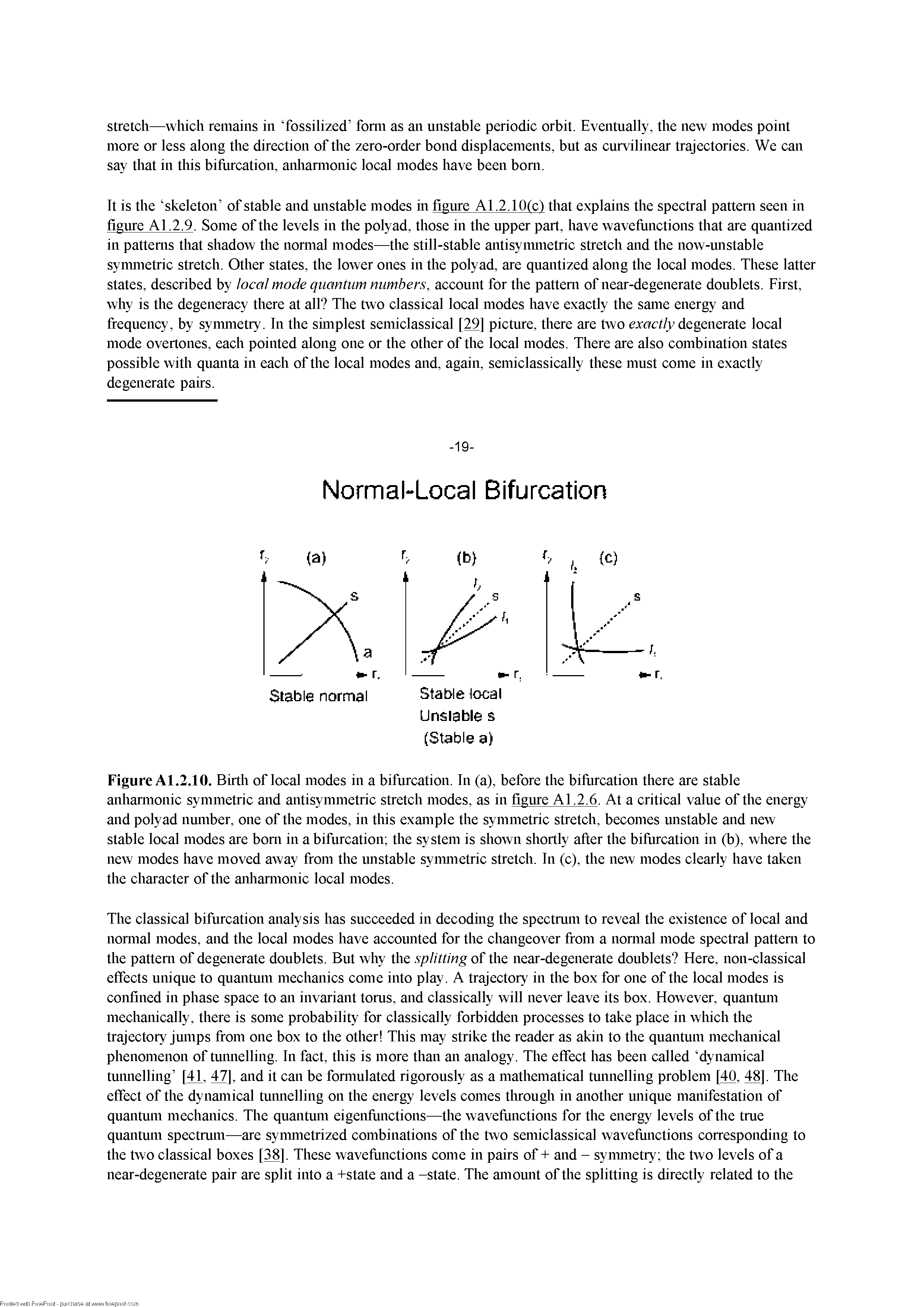 Figure Al.2.10. Birth of local modes in a bifurcation. In (a), before the bifiircation there are stable anhamionic symmetric and antisymmetric stretch modes, as in figure Al.2.6. At a critical value of the energy and polyad number, one of the modes, in this example the symmetric stretch, becomes unstable and new stable local modes are bom in a bifurcation the system is shown shortly after the bifiircation in (b), where the new modes have moved away from the unstable syimnetric stretch. In (c), the new modes clearly have taken the character of the anliamionic local modes.