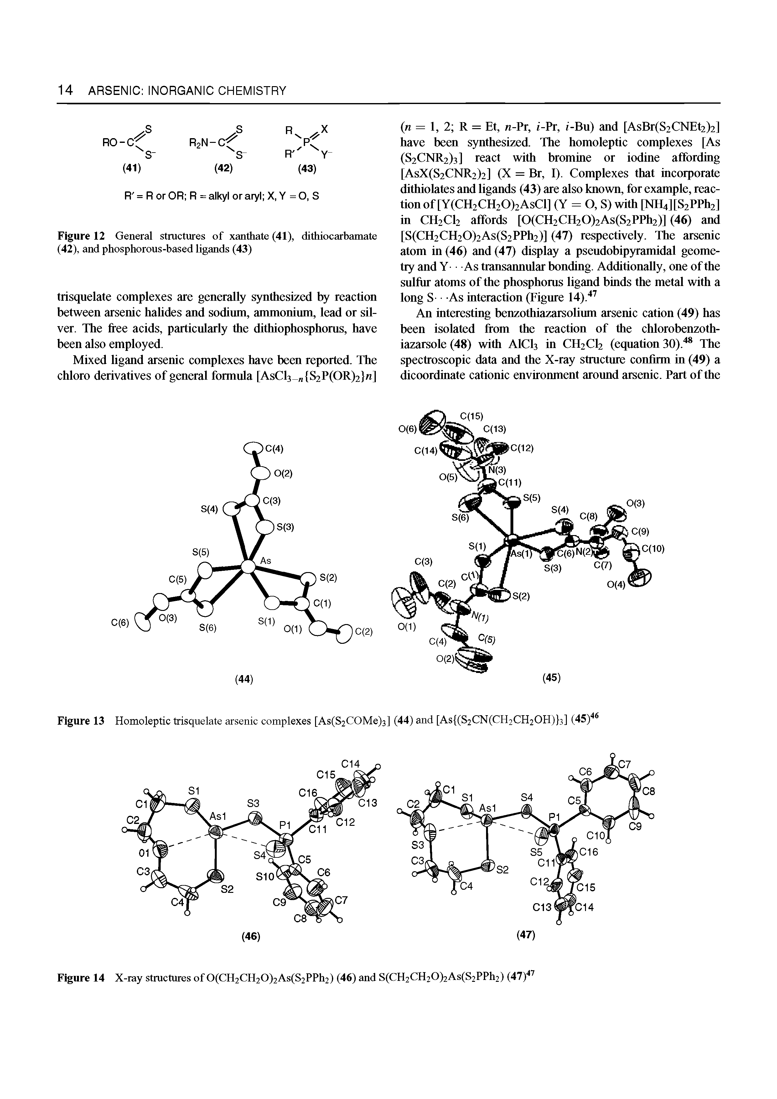 Figure 13 Homoleptic trisquelate arsenic complexes [As(S2COMe)3] (44) and [As (S2CN(CH2CH20H) 3] (45) ...