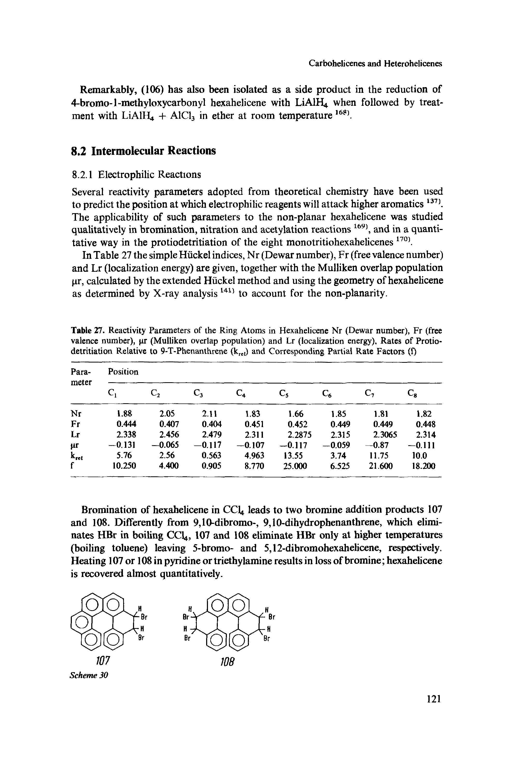 Table 27. Reactivity Parameters of the Ring Atoms in Hexahelicene Nr (Dewar number), Fr (free valence number), pr (Mulliken overlap population) and Lr (localization energy), Rates of Protiodetritiation Relative to 9-T-Phenanthrene (kre[) and Corresponding Partial Rate Factors (f)...
