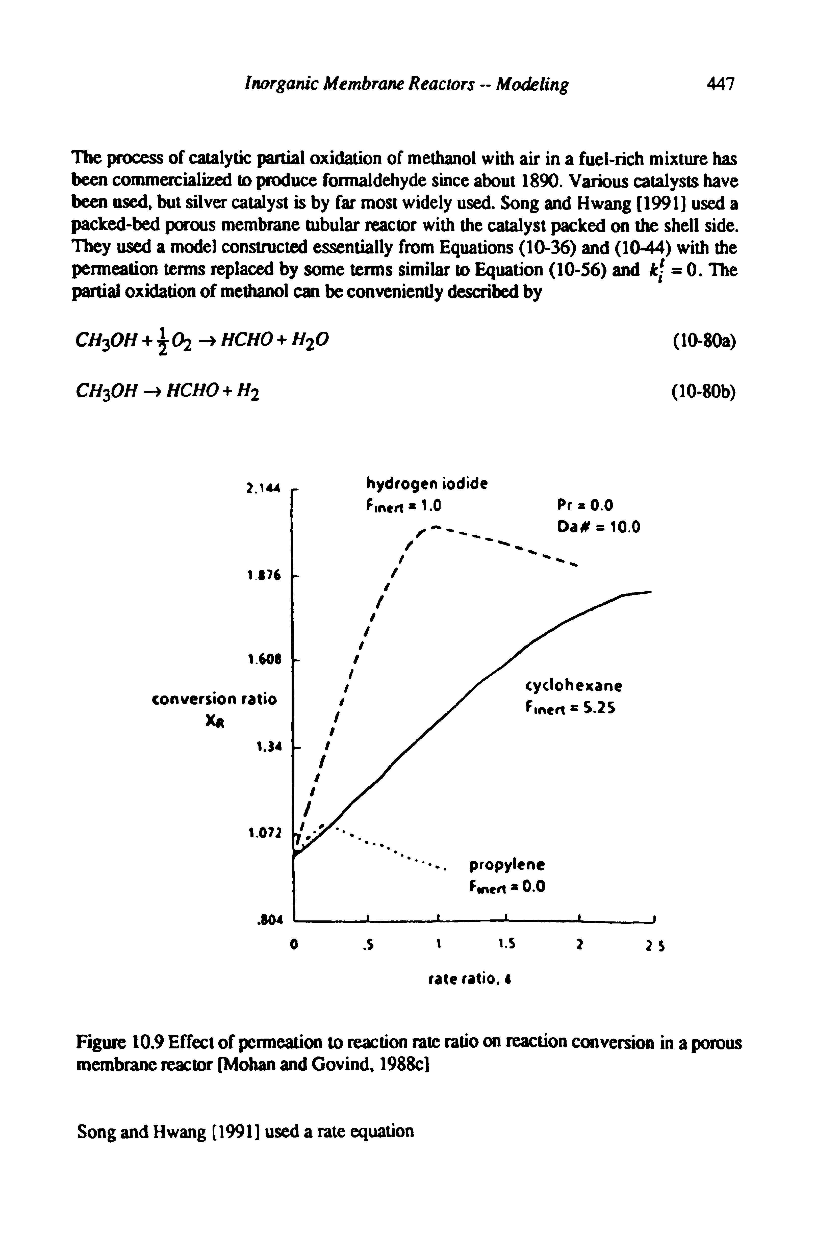 Figure 10.9 Effect of permeation to reaction rate ratio on reaction conversion in a porous membrane reactor [Mohan and Govind 1988c]...