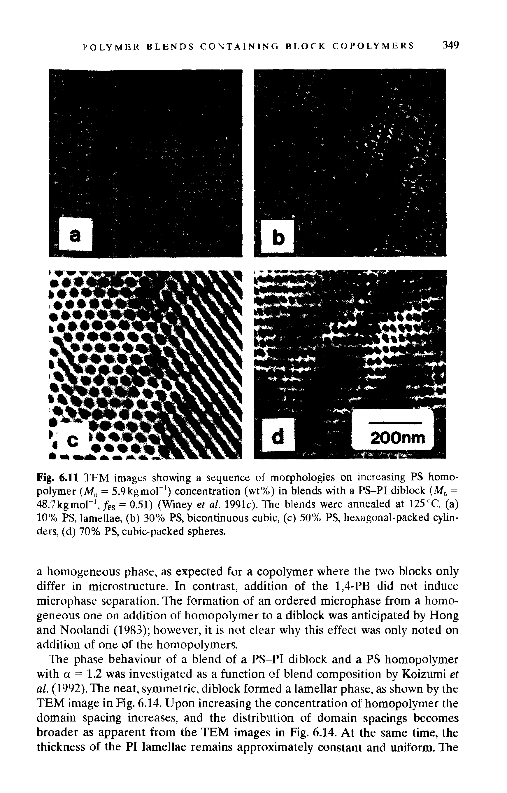 Fig. 6.11 TEM images showing a sequence of morphologies on increasing PS homopolymer (M = 5.9kgmor ) concentration (wt%) in blends with a PS-PI diblock (Mr = 48.7kgmol-1,/PS = 0.51) (Winey et al. 1991c). The blends were annealed at 125 °C. (a) 10% PS, lamellae, (b) 30% PS, bicontinuous cubic, (c) 50% PS, hexagonal-packed cylinders, (d) 70% PS, cubic-packed spheres.