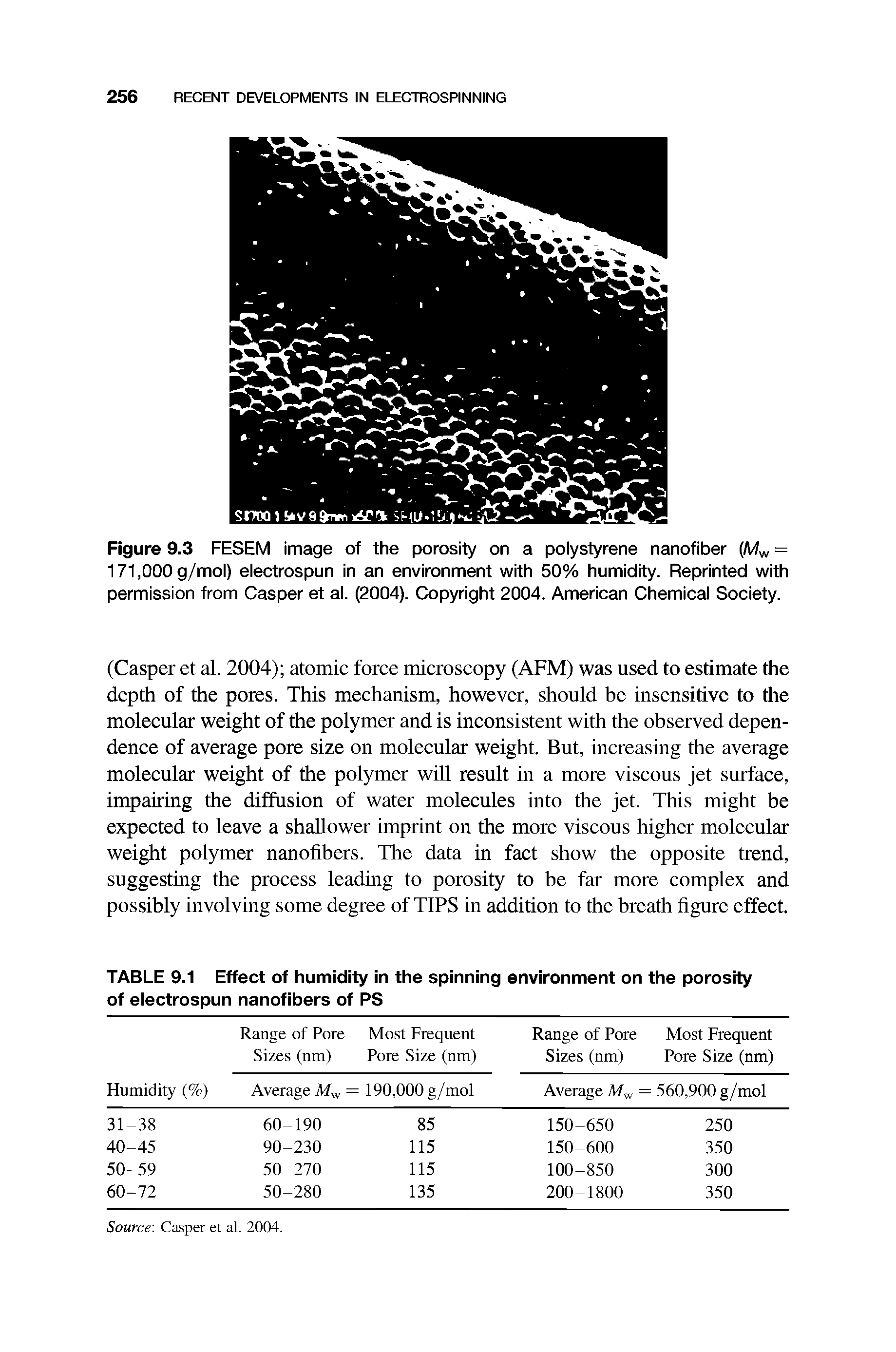 Figure 9.3 FESEM image of the porosity on a polystyrene nanofiber (/Ww = 171,000g/mol) electrospun in an environment with 50% humidity. Reprinted with permission from Casper et al. (2004). Copyright 2004. American Chemical Society.