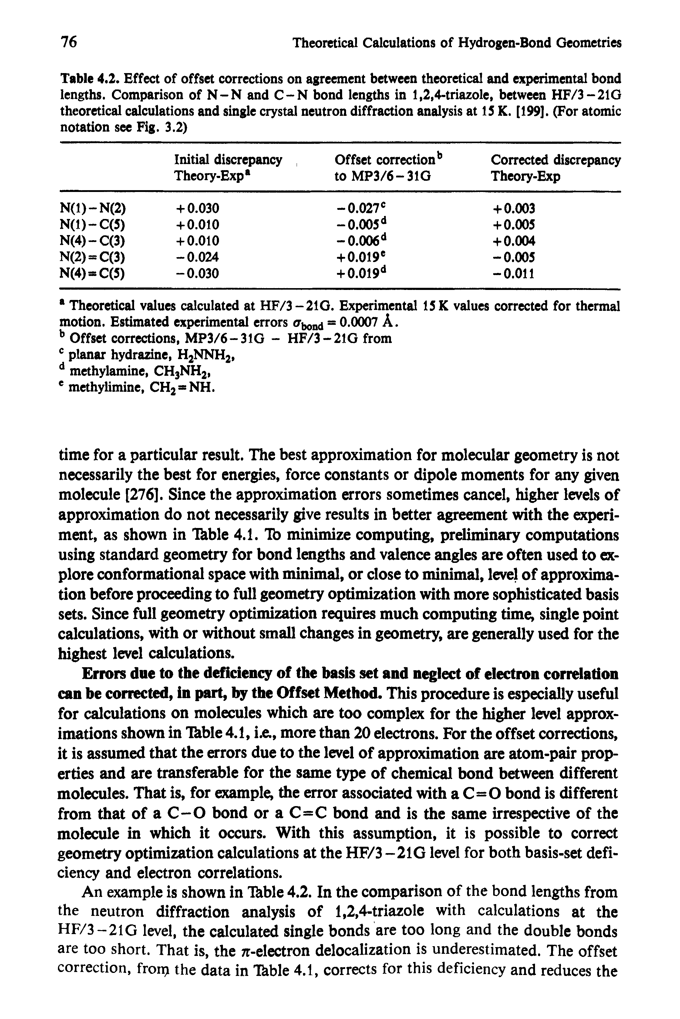 Table 4.2. Effect of offset corrections on agreement between theoretical and experimental bond lengths. Comparison of N-N and C-N bond lengths in 1,2,4-triazole, between HF/3-21G theoretical calculations and single crystal neutron diffraction analysis at 15 K. [199]. (For atomic notation see Fig. 3.2)...