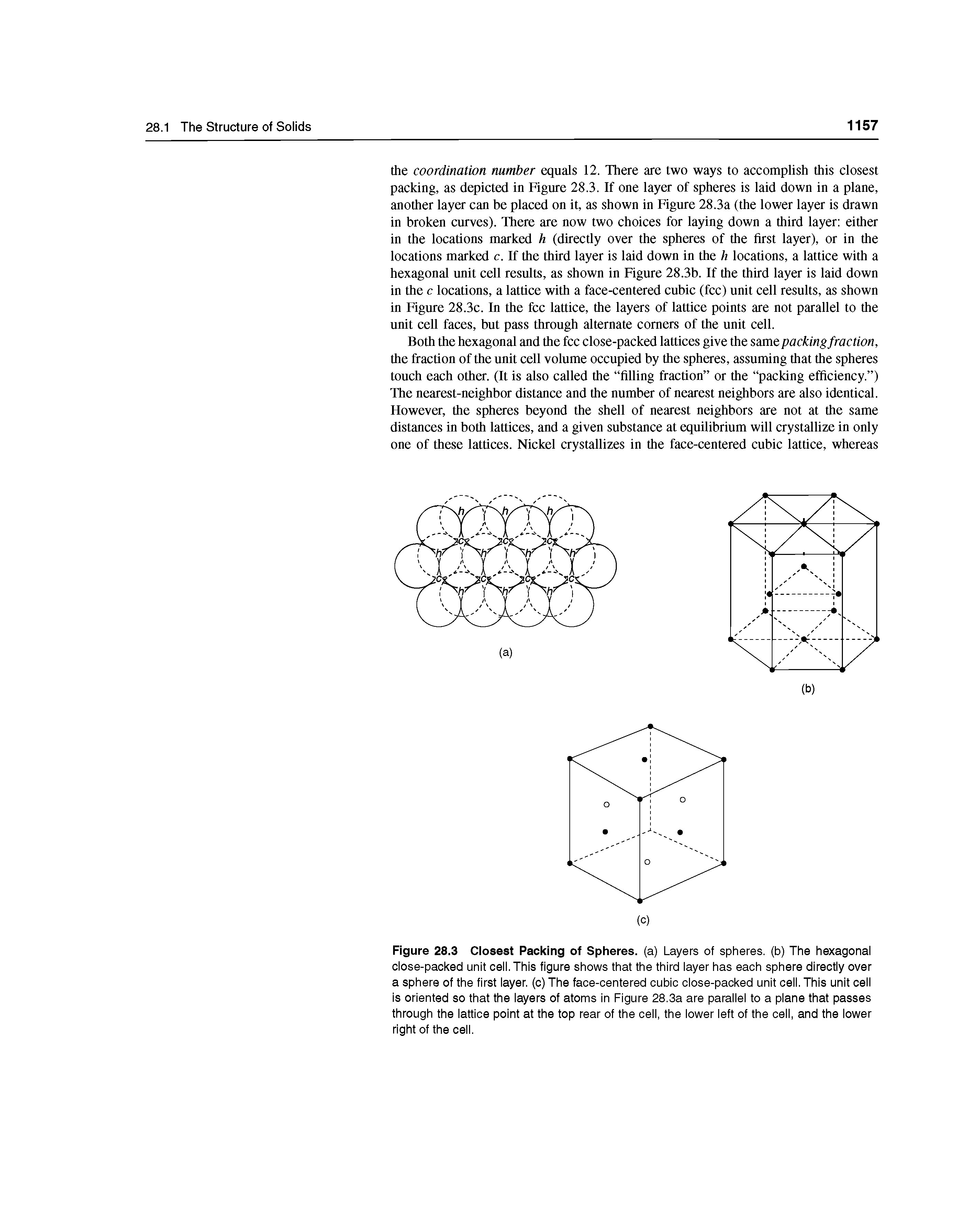 Figure 28.3 Closest Packing of Spheres, (a) Layers of spheres, (b) The hexagonal close-packed unit cell. This figure shows that the third layer has each sphere directly over a sphere of the first layer, (c) The face-centered cubic close-packed unit cell. This unit cell is oriented so that the layers of atoms in Figure 28.3a are parallel to a plane that passes through the lattice point at the top rear of the cell, the lower left of the cell, and the lower right of the cell.