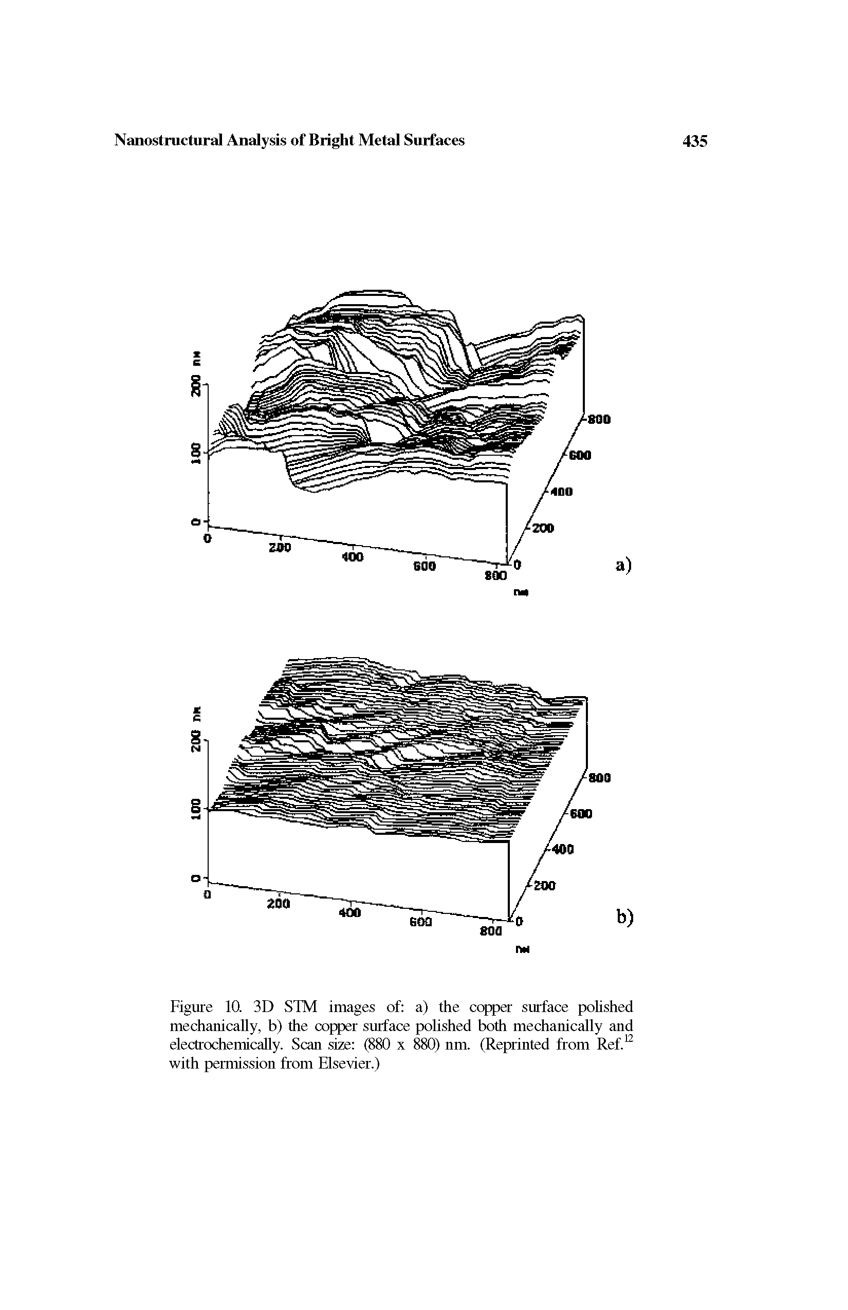 Figure 10. 3D STM images of a) the copper surface polished mechanically, b) the copper surface polished both mechanically and electrochemically. Scan size (880 x 880) nm. (Reprinted from Ref.12 with permission from Elsevier.)...
