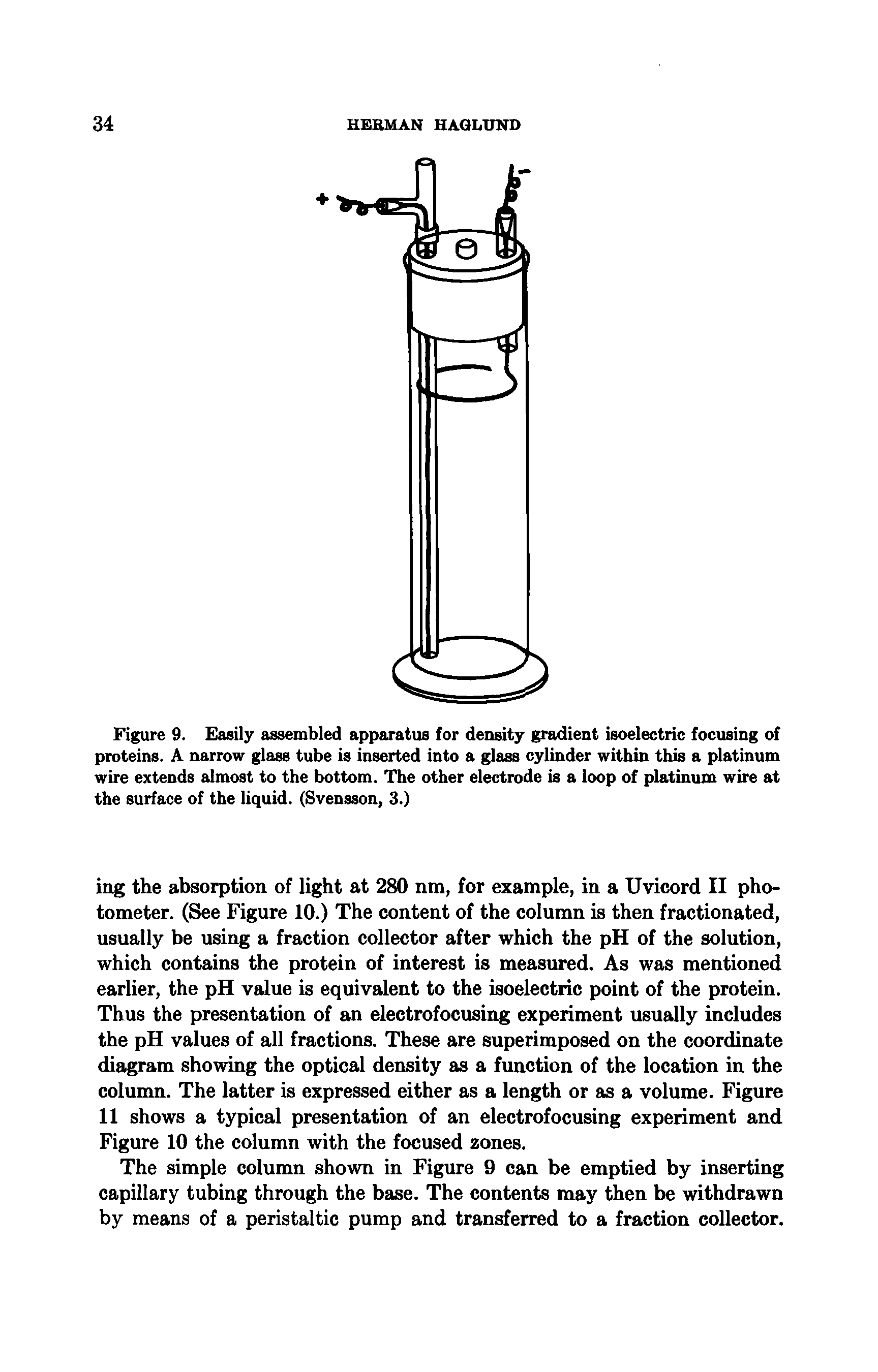 Figure 9. Easily assembled apparatus for density gradient isoelectric focusing of proteins. A narrow glass tube is inserted into a glass cylinder within this a platinum wire extends almost to the bottom. The other electrode is a loop of platinum wire at the surface of the liquid. (Svensson, 3.)...