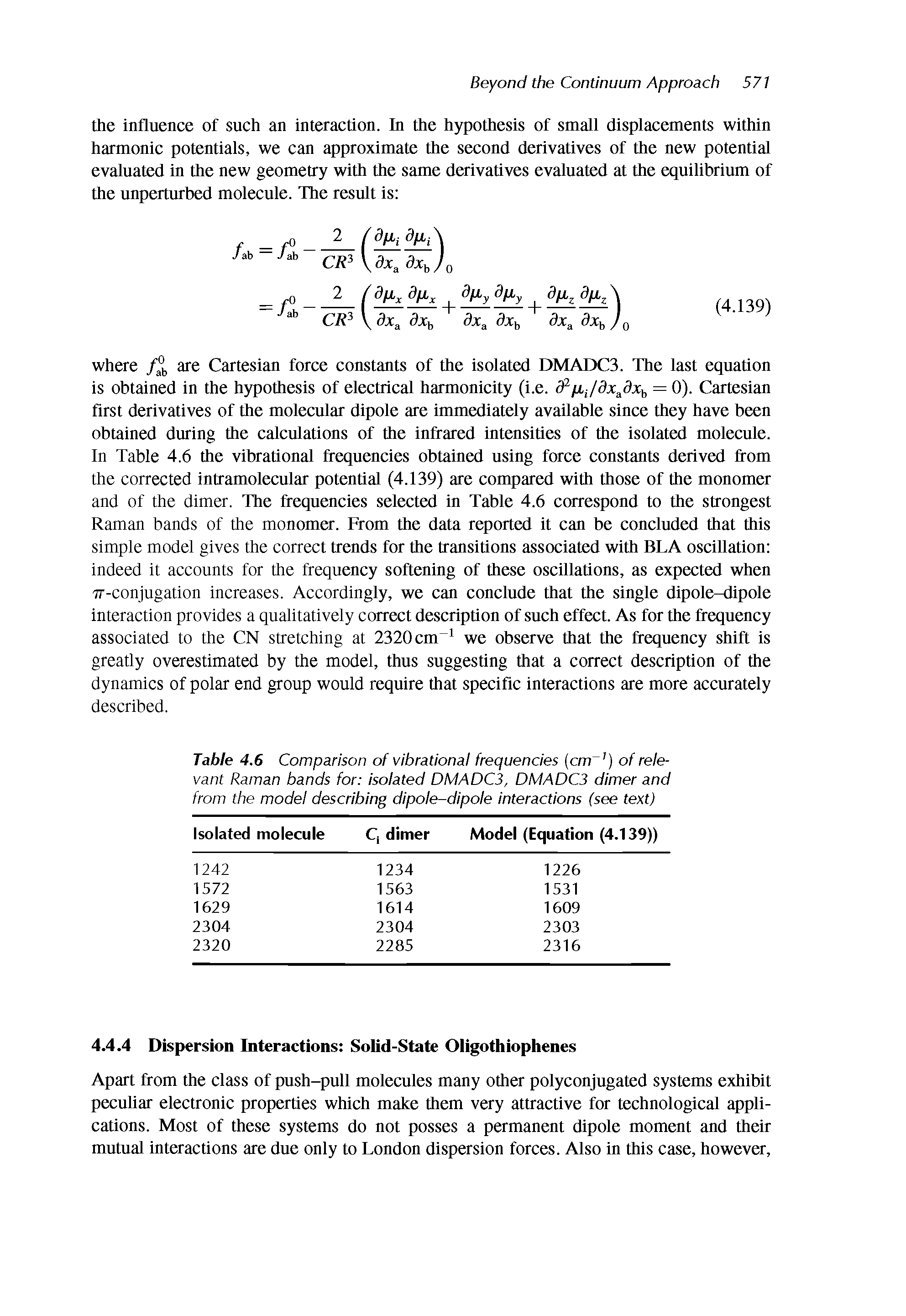 Table 4.6 Comparison of vibrational frequencies (cm ]) of relevant Raman bands for isolated DMADC3, DMADC3 dimer and from the model describing dipole-dipole interactions (see text)...