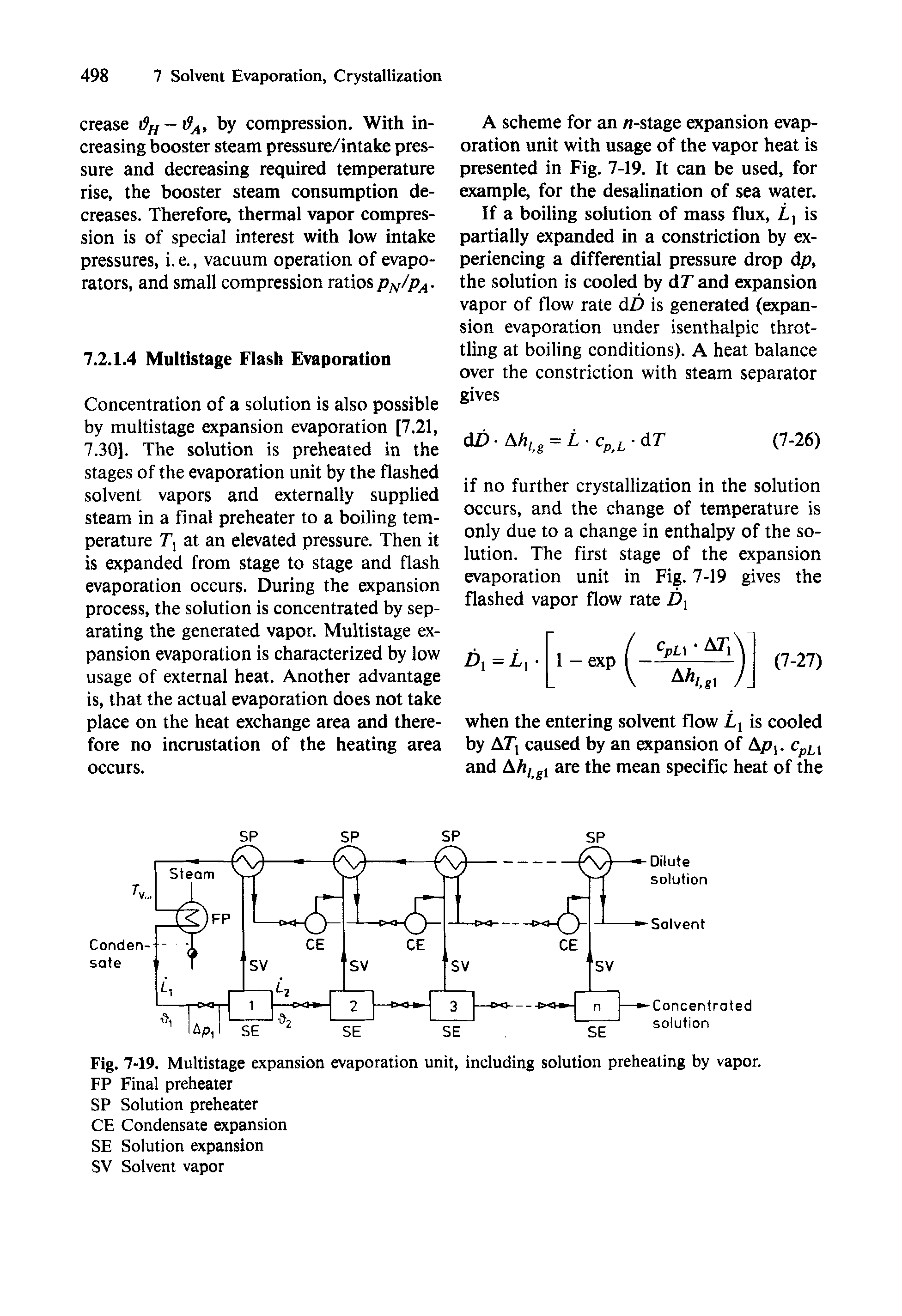 Fig. 7-19. Multistage expansion evaporation unit, including solution preheating by vapor.