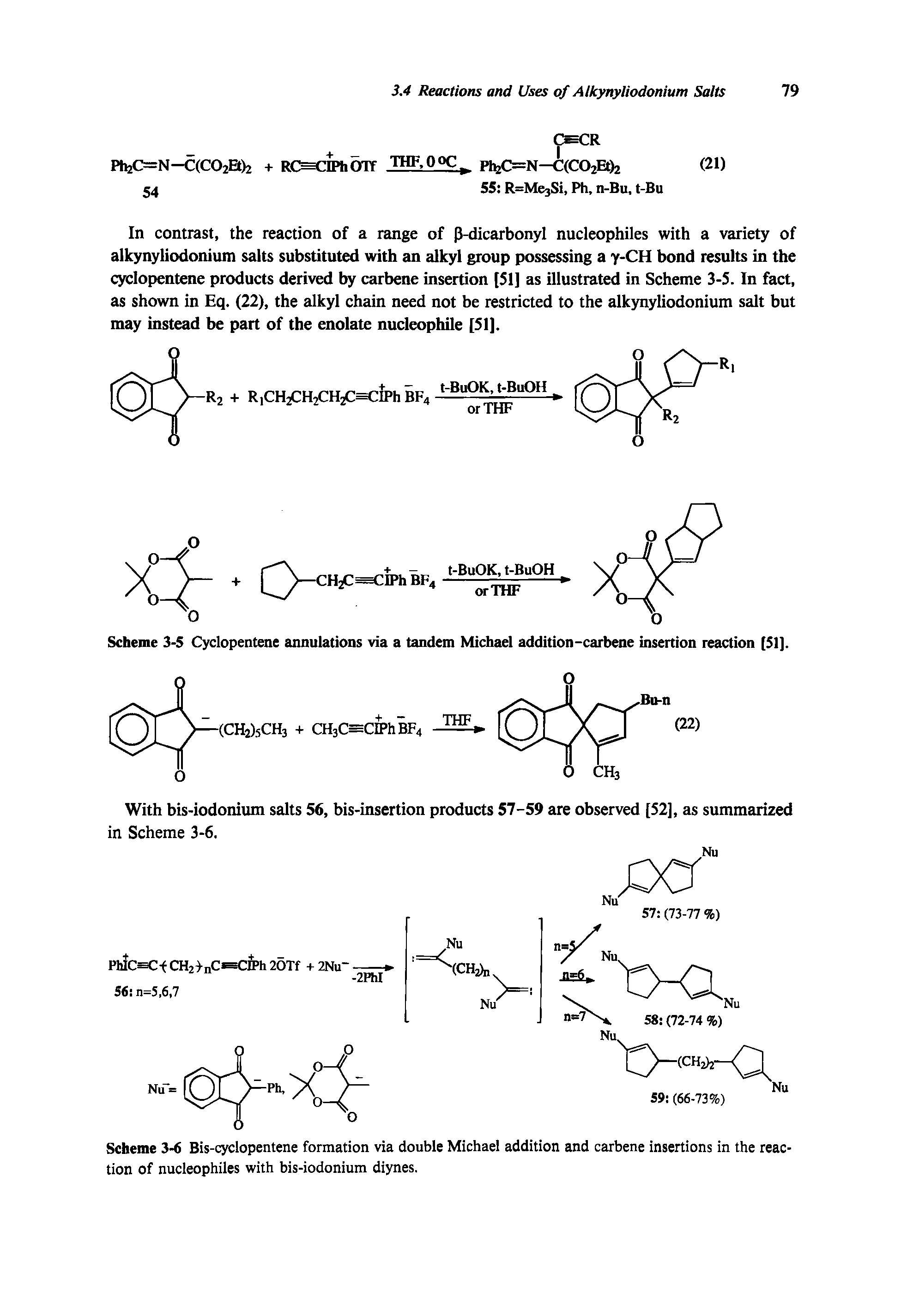 Scheme 3-6 Bis-cyclopentene formation via double Michael addition and carbene insertions in the reaction of nucleophiles with bis-iodonium diynes.