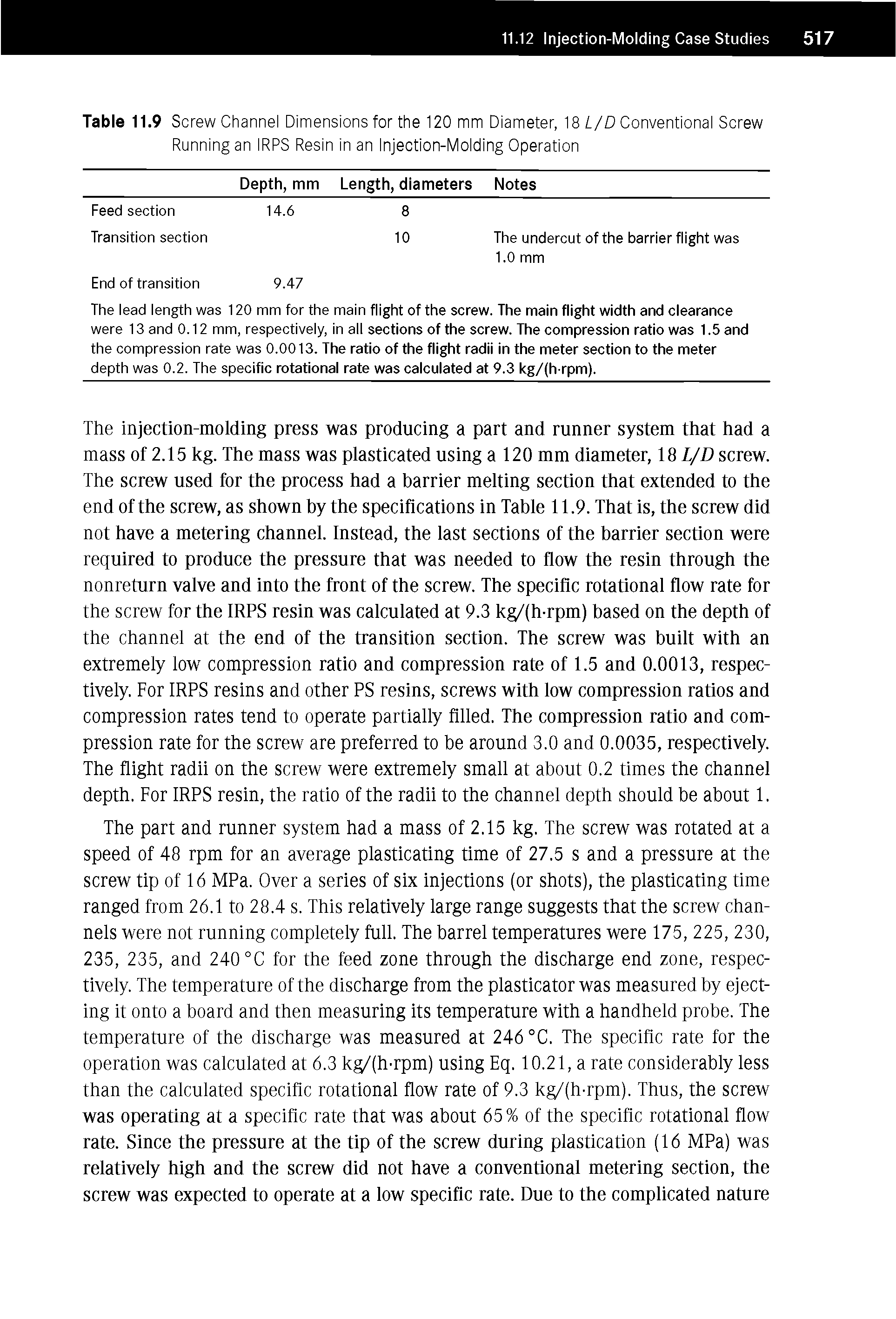 Table 11.9 Screw Channel Dimensions for the 120 mm Diameter, 18 L/D Conventional Screw Running an IRPS Resin in an Injection-Molding Operation...