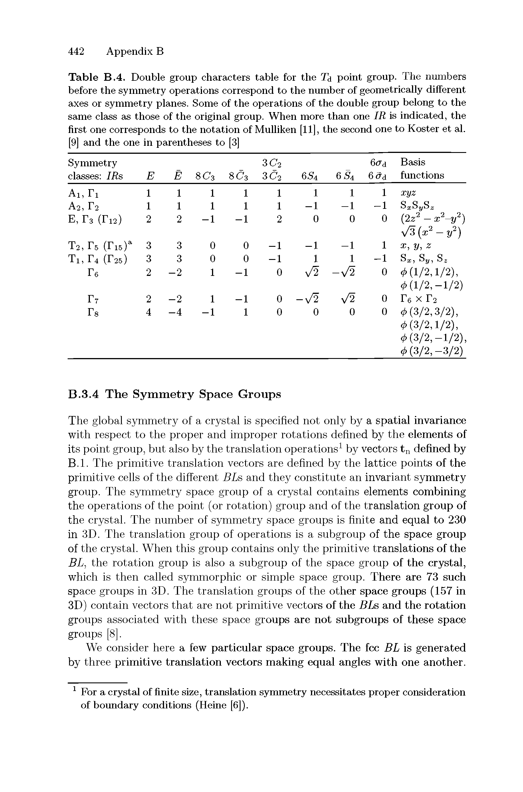 Table B.4. Double group characters table for the Ta point group. The numbers before the symmetry operations correspond to the number of geometrically different axes or symmetry planes. Some of the operations of the double group belong to the same class as those of the original group. When more than one IR is indicated, the first one corresponds to the notation of Mulliken [11], the second one to Koster et al. [9] and the one in parentheses to [3]...