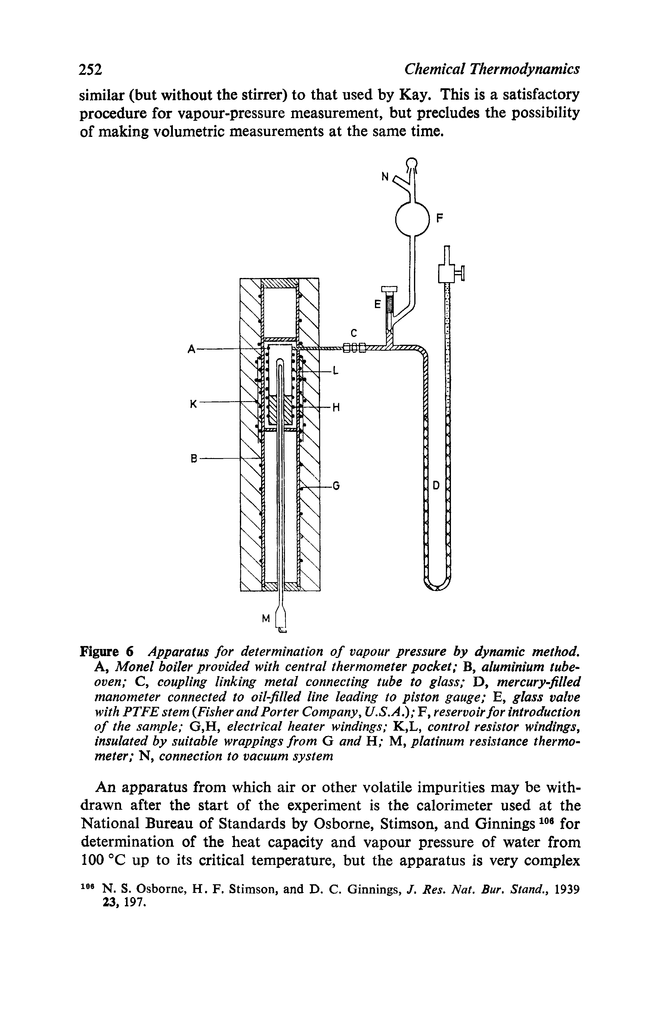 Figure 6 Apparatus for determination of vapour pressure by dynamic method, A, Monel boiler provided with central thermometer pocket B, aluminium tube-oven C, coupling linking metal connecting tube to glass D, mercury-filled manometer connected to oil-filled line leading to piston gauge E, glass valve with PTFE stem Fisher and Porter Company, U.S.A.) F, reservoir for introduction of the sample G,H, electrical heater windings K,L, control resistor windings, insulated by suitable wrappings from G and H M, platinum resistance thermometer N, connection to vacuum system...