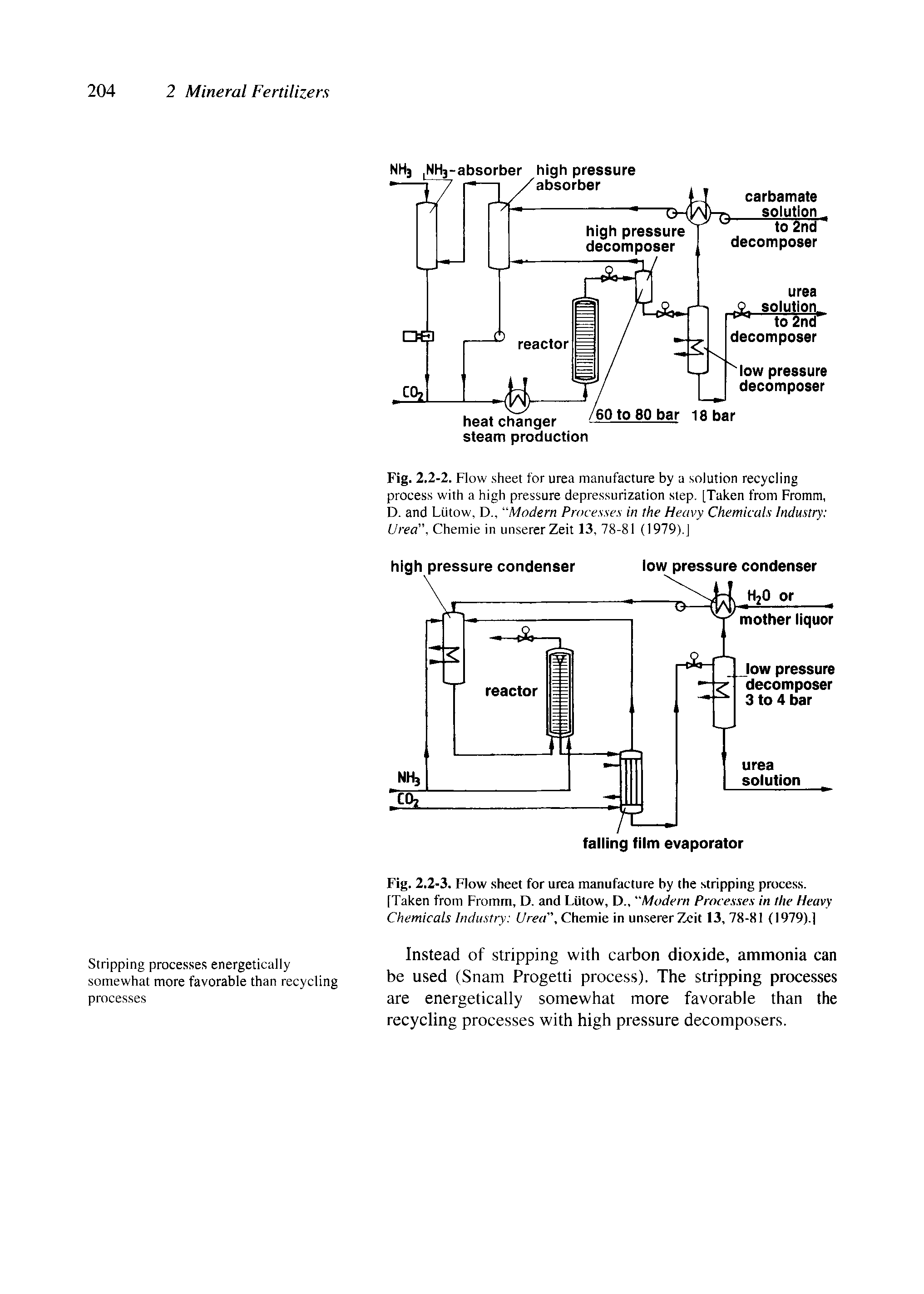 Fig. 2.2-2. Flow sheet for urea manufacture by a solution recycling process with a high pressure depressurization step. [Taken from Fromm, D. and Lutow, D., Modern Processes in the Heavy Chemicals Industry Urea , Chemie in unsererZeit 13, 78-81 (1979).J...