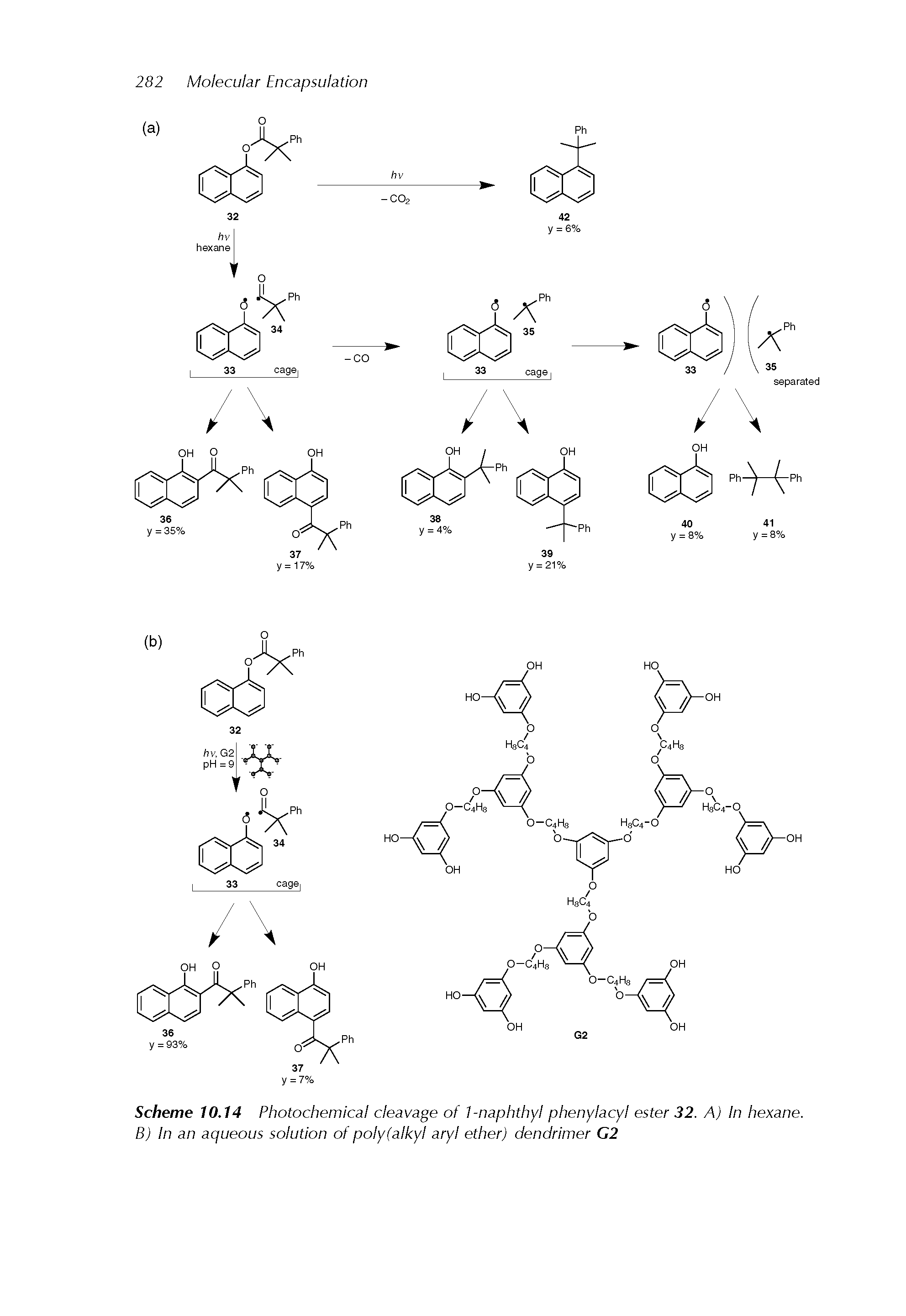 Scheme 10.14 Photochemical cleavage of I-naphthyl phenylacyl ester 32. A) In hexane. B) In an aqueous solution of poly (alkyl aryl ether) dendrimer G2...