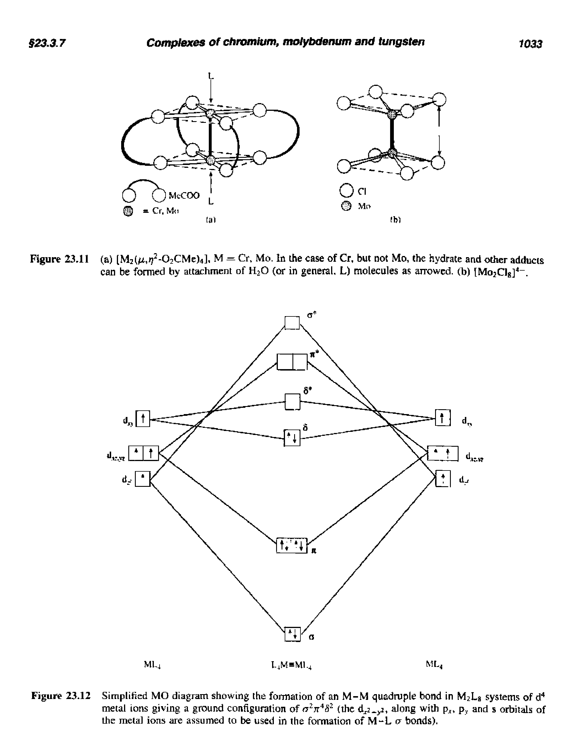 Figure 23.12 Simplified MO diagram showing the formation of an M-M quadruple bond in M Ls systems of d" metal ions giving a ground configuration of (the along with pj, p, and s orbitals of...