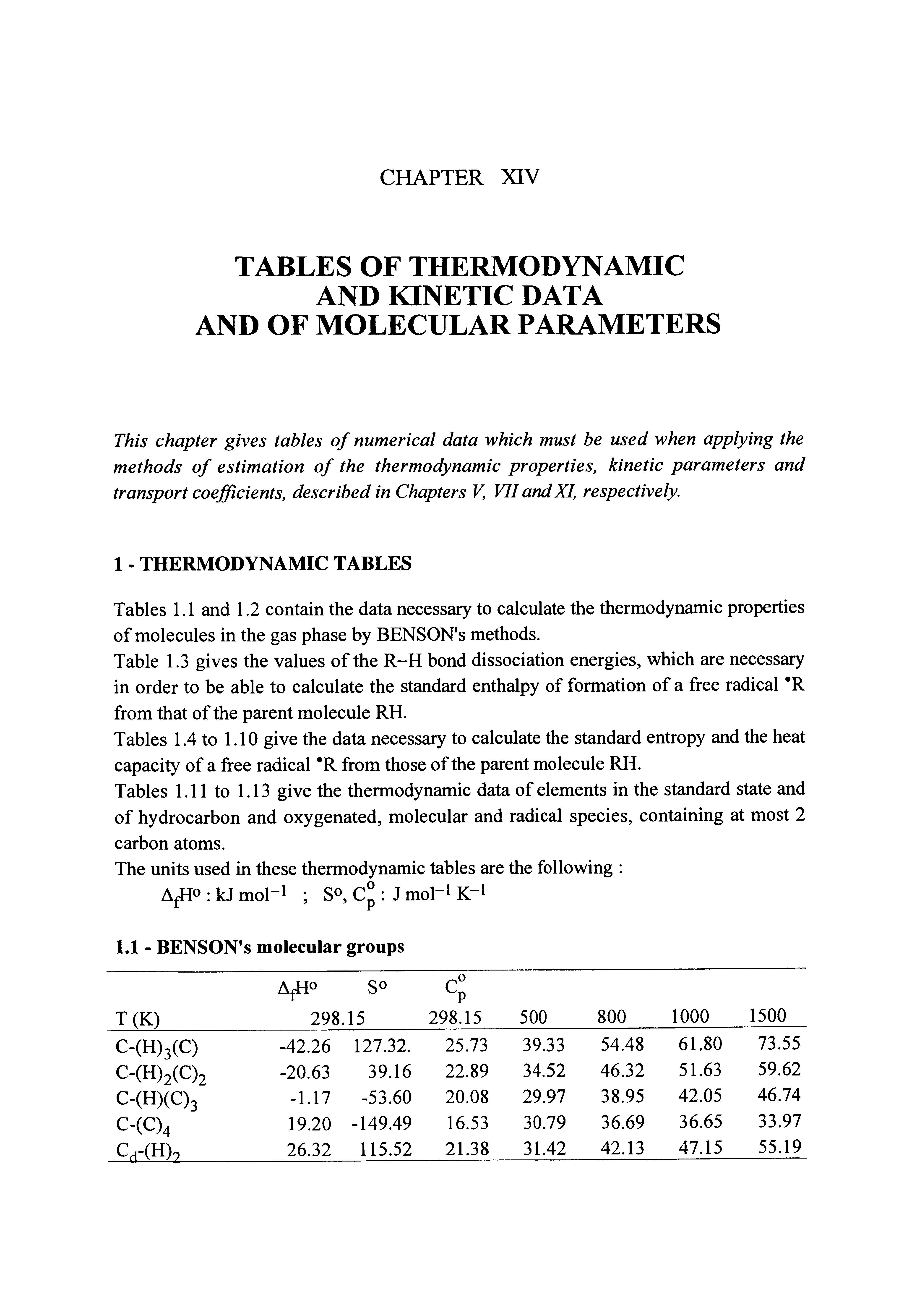 Tables 1.1 and 1.2 contain the data necessary to calculate the thermodynamic properties of molecules in the gas phase by BENSON s methods.