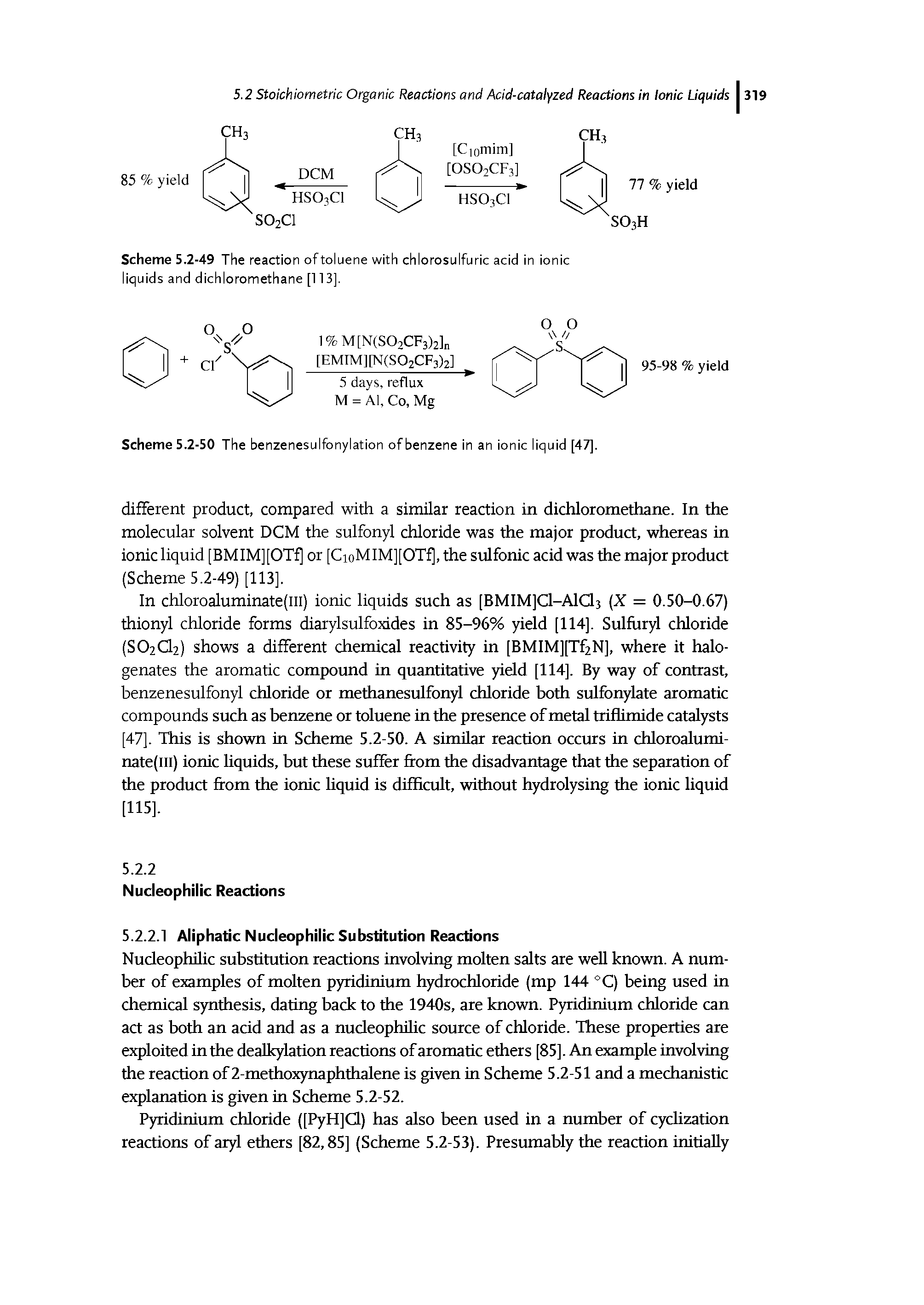 Scheme 5.2-49 The reaction of toluene with chlorosulfuric acid in ionic liquids and dichloromethane [113],...
