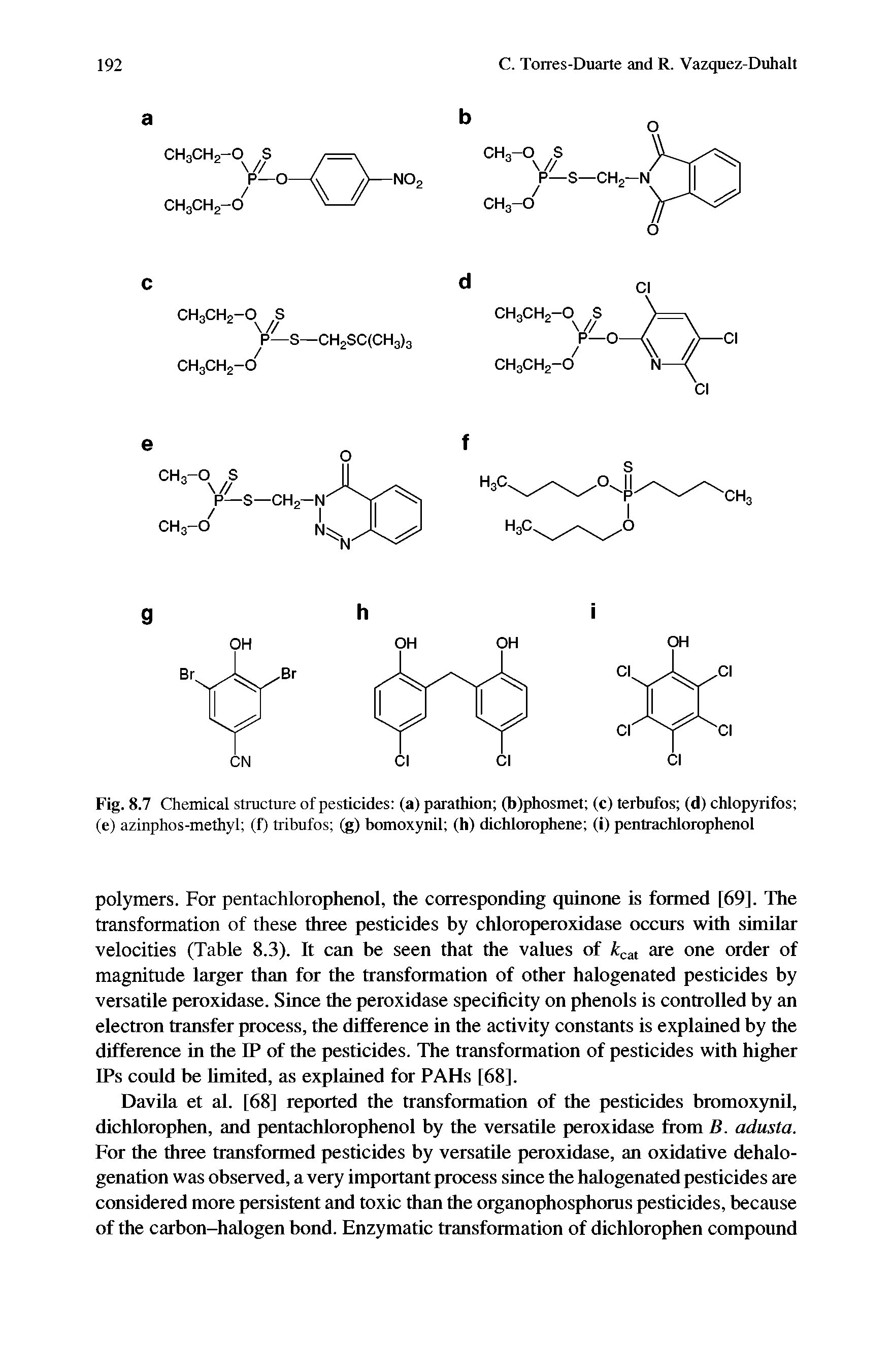 Fig. 8.7 Chemical structure of pesticides (a) parathion (b)phosmet (c) terbufos (d) chlopyrifos (e) azinphos-methyl (f) tribufos (g) bomoxynil (h) dichlorophene (i) pentrachlorophenol...