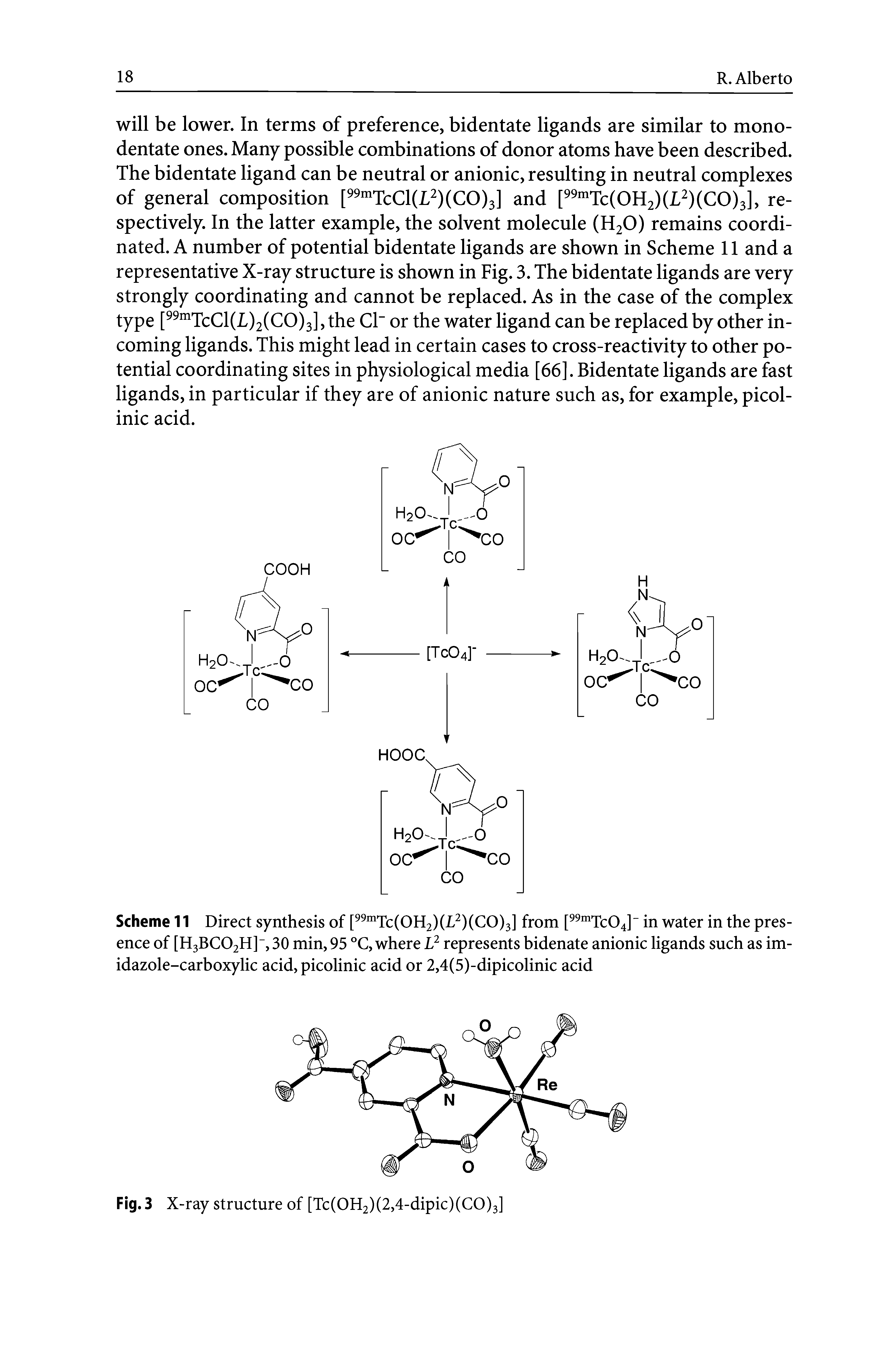 Scheme 11 Direct synthesis of [99mTc(OH2)(L2)(CO)3] from [99mTc04] in water in the presence of [H3BC02H], 30 min, 95 °C, where L2 represents bidenate anionic ligands such as imidazole-carboxylic acid, picolinic acid or 2,4(5)-dipicolinic acid...
