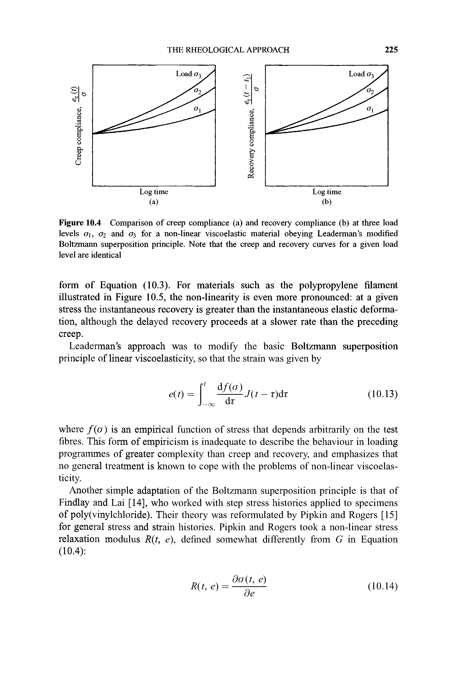 Figure 10.4 Comparison of creep compliance (a) and recovery compliance (b) at three load levels cTi, <72 and <73 for a non-linear viscoelastic material obeying Leaderman s modified Boltzmann superposition principle. Note that the creep and recovery ciuves for a given load level are identical...