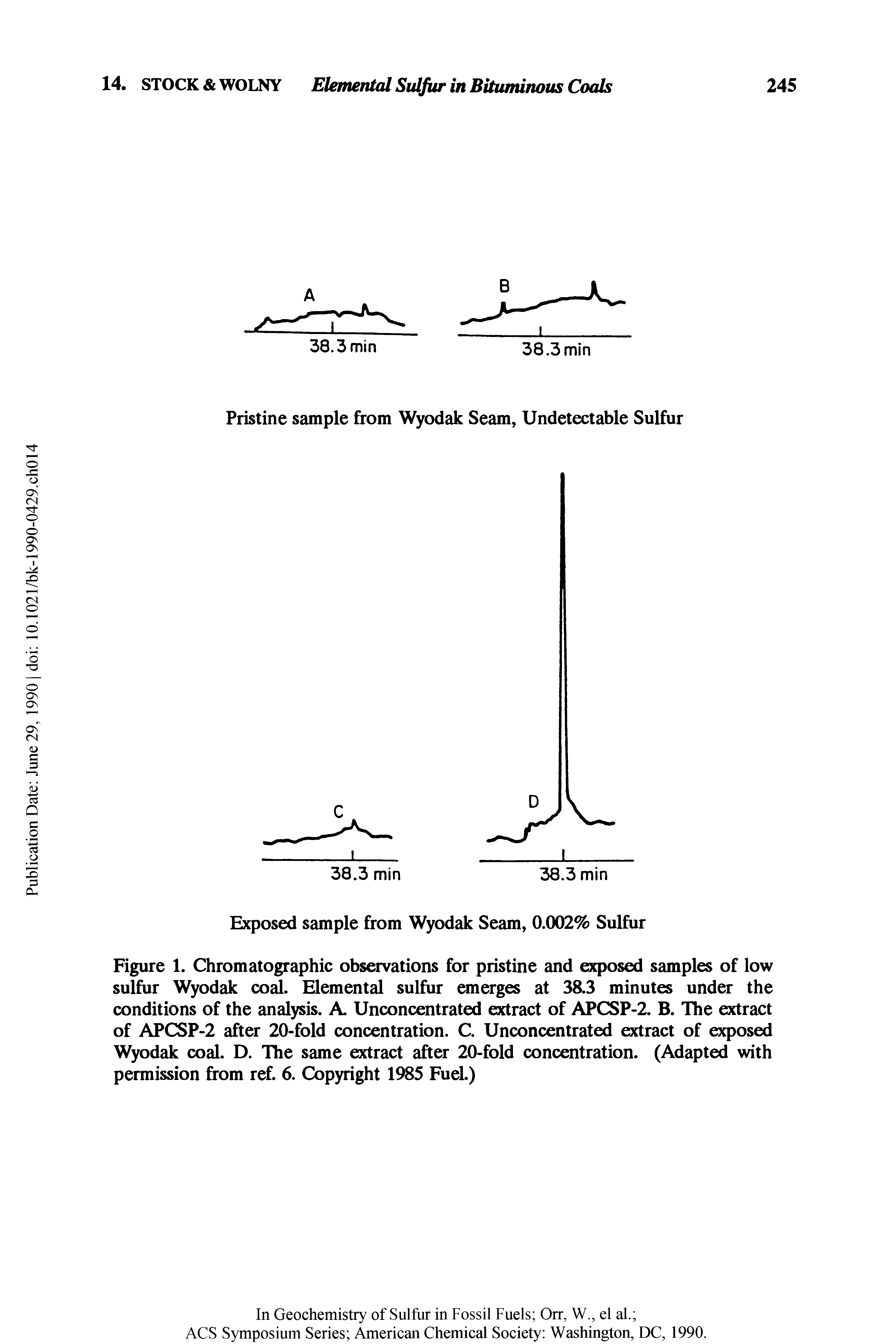 Figure 1. Chromatographic observations for pristine and exposed samples of low sulfur Wyodak coal. Elemental sulfur emerges at 38.3 minutes under the conditions of the analysis. A. Unconcentrated extract of APCSP-2. B. The extract of APCSP-2 after 20-fold concentration. C. Unconcentrated extract of exposed Wyodak coal. D. The same extract after 20-fold concentration. (Adapted with permission from ref. 6. Copyright 1985 Fuel.)...