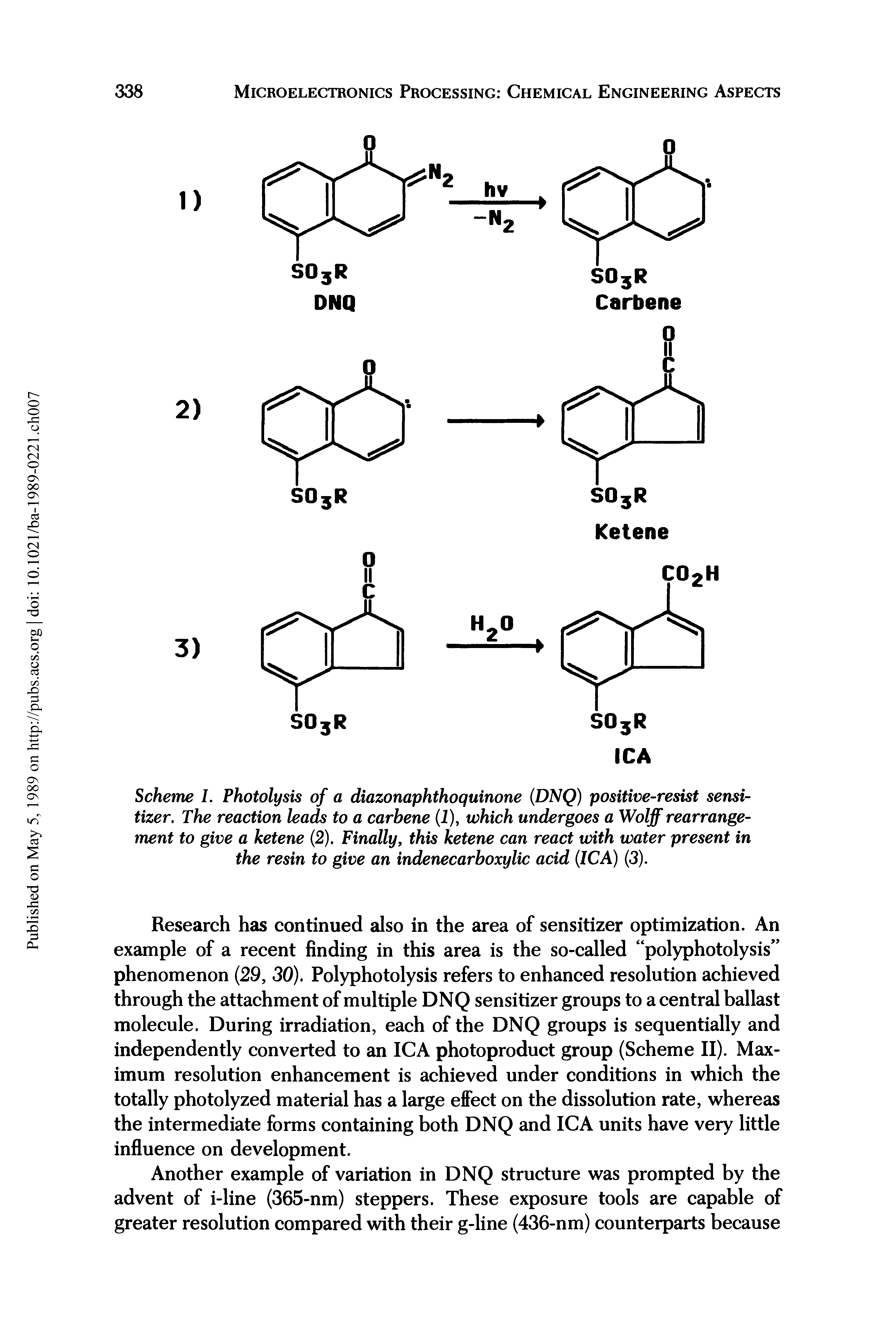 Scheme I. Photolysis of a diazonaphthoquinone (DNQ) positive-resist sensitizer. The reaction leads to a carbene (1), which undergoes a Wolff rearrangement to give a ketene (2). Finally, this ketene can react with water present in the resin to give an indenecarboxylic acid (ICA) (3).