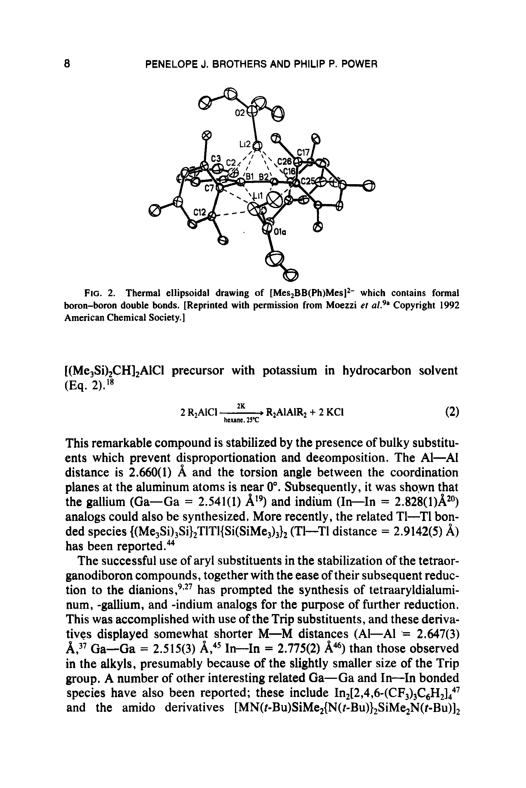 Fig. 2. Thermal ellipsoidal drawing of [Mes2BB(Ph)Mes)2 which contains formal boron-boron double bonds. [Reprinted with permission from Moezzi et al.9 Copyright 1992 American Chemical Society.]...