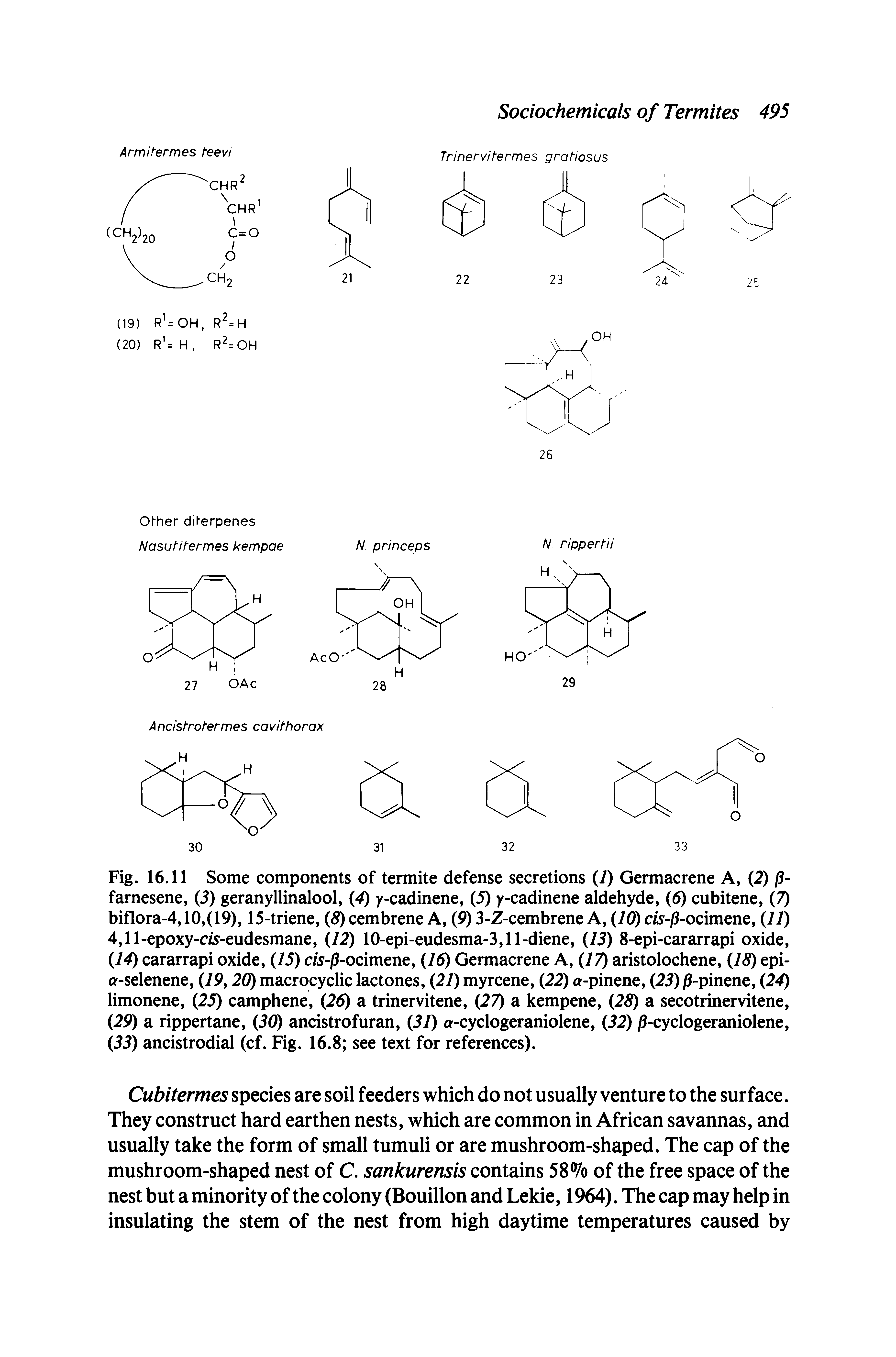Fig. 16.11 Some components of termite defense secretions (7) Germacrene A, (2) p-farnesene, (5) geranyllinalool, (4) y-cadinene, (5) y-cadinene aldehyde, (5) cubitene, (7) biflora-4,10,(19), 15-triene, (8) cembrene A, (P) 3-Z-cembrene A, (10) cis- -ocimene, (11) 4,ll-epoxy-c/5 -eudesmane, (12) lO-epi-eudesma-3,11-diene, (13) 8-epi-cararrapi oxide, (14) cararrapi oxide, (15) cis-P-ocimene, (16) Germacrene A, (17) aristolochene, (18) epi-a-selenene, (19,20) macrocyclic lactones, (21) myrcene, (22) a-pinene, (25)/3-pinene, (24) limonene, (25) camphene, (26) a trinervitene, (27) a kempene, (28) a secotrinervitene, (29) a rippertane, (30) ancistrofuran, (57) a-cyclogeraniolene, (52) -cyclogeraniolene, (55) ancistrodial (cf. Fig. 16.8 see text for references).