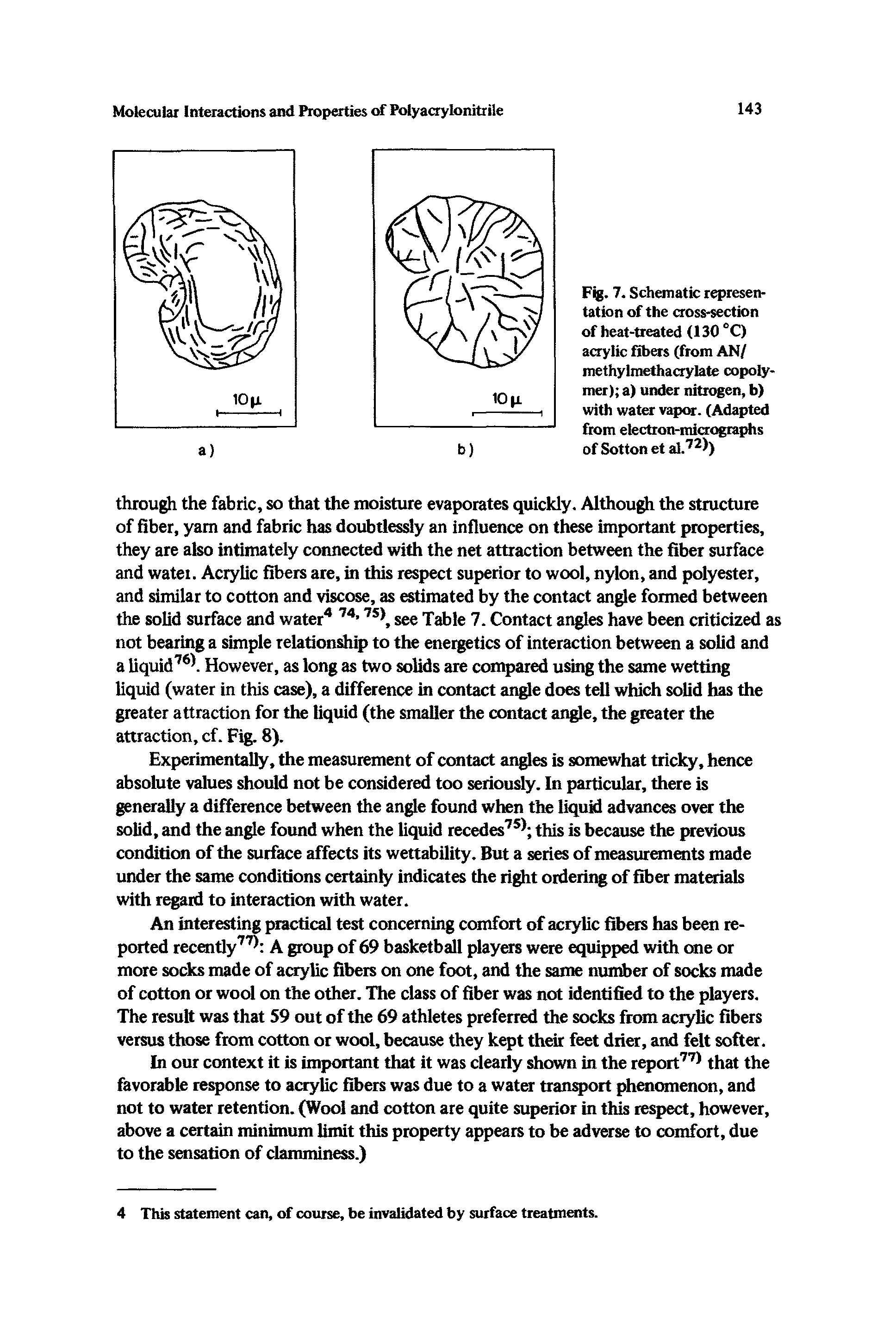 Fig. 7. Schematic representation of the cross-section of heat-treated (130 °C) acrylic fibers (from AN/ methylmethacrylate copolymer) a) under nitrogen, b) with water vapor. (Adapted from electron-micrographs of Sotton et ai.72 )...