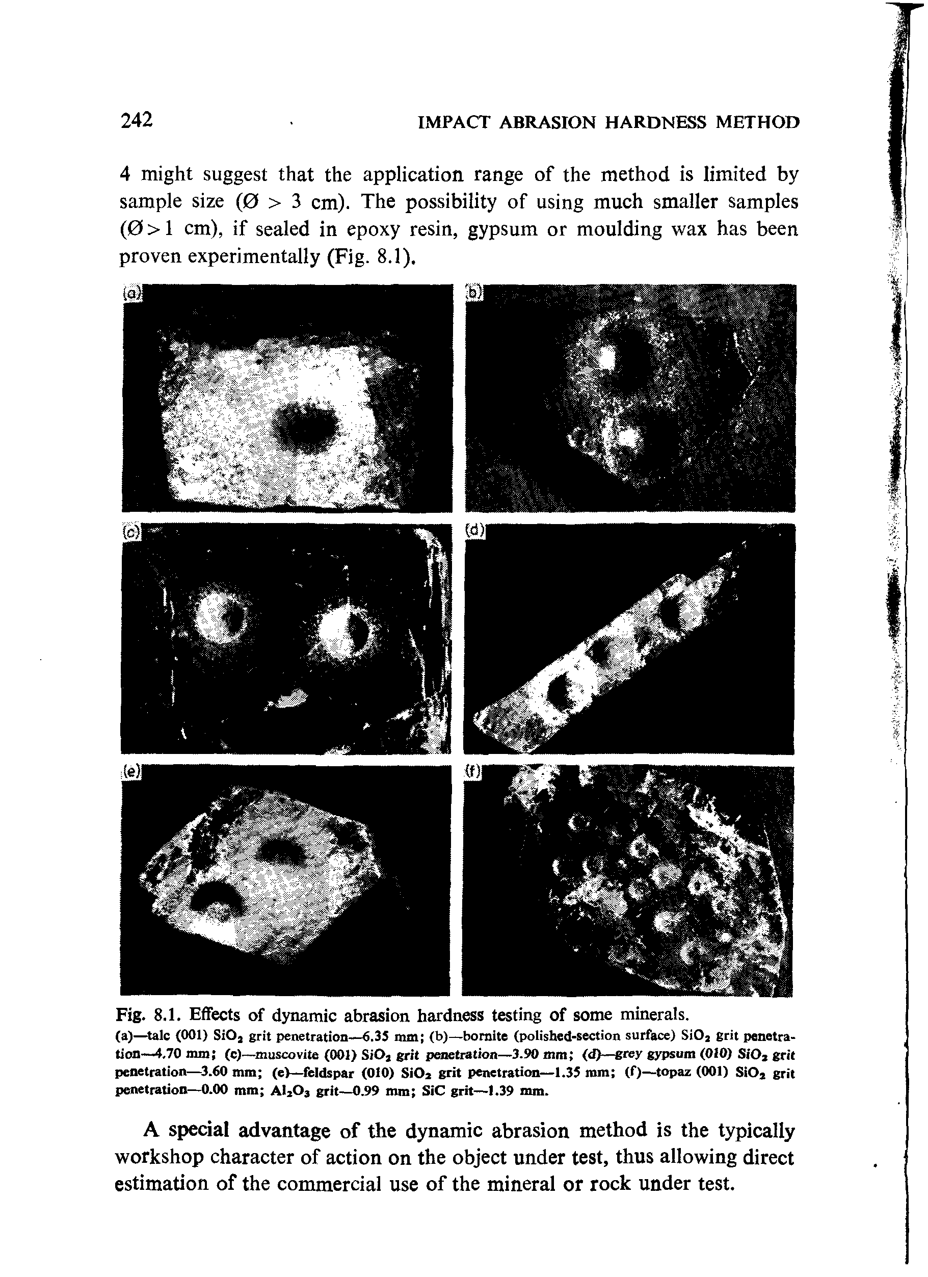 Fig. 8.1. Effects of dynamic abrasion hardness testing of some minerals.