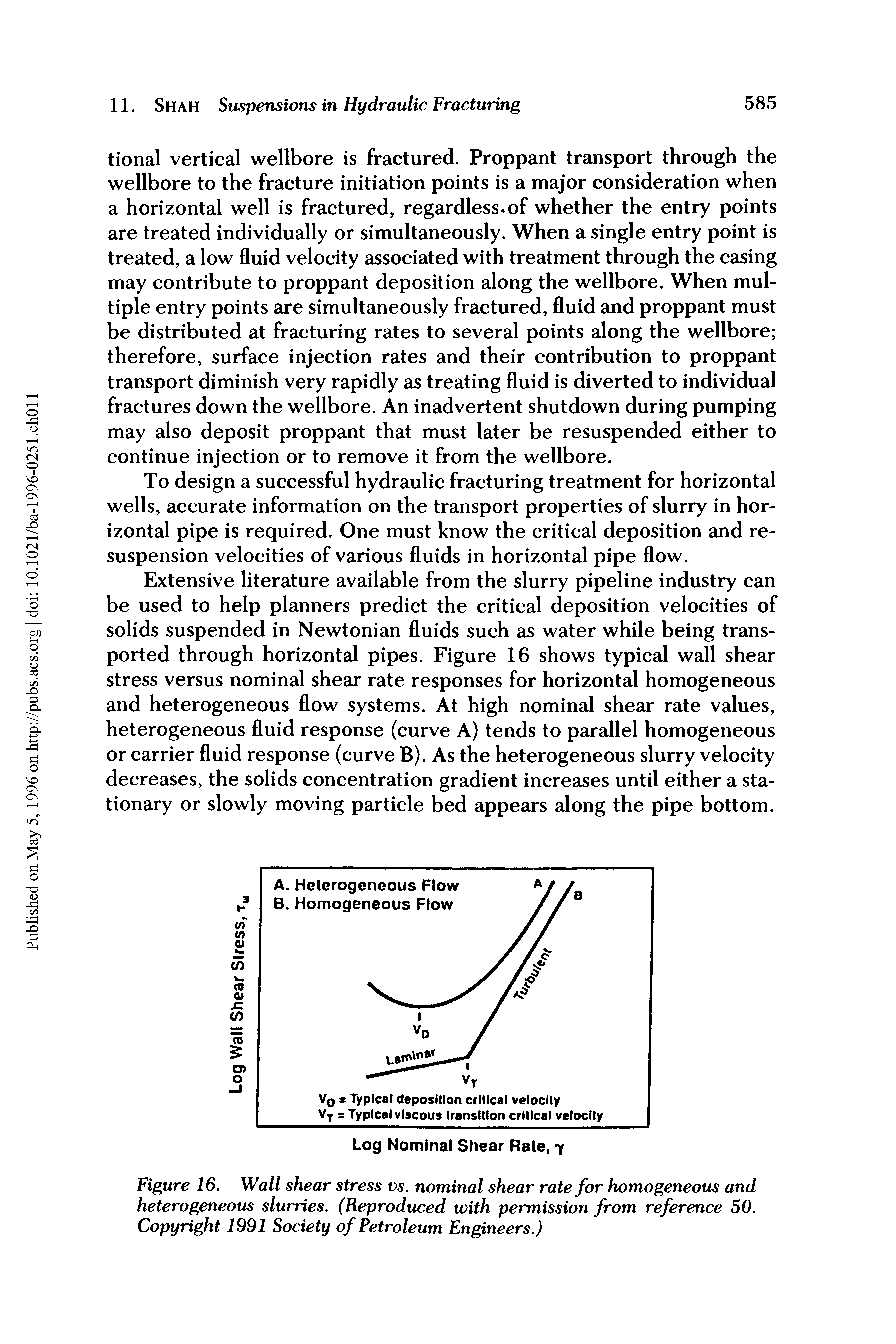 Figure 16. Wall shear stress vs. nominal shear rate for homogeneous and heterogeneous slurries. (Reproduced with permission from reference 50. Copyright 1991 Society of Petroleum Engineers.)...